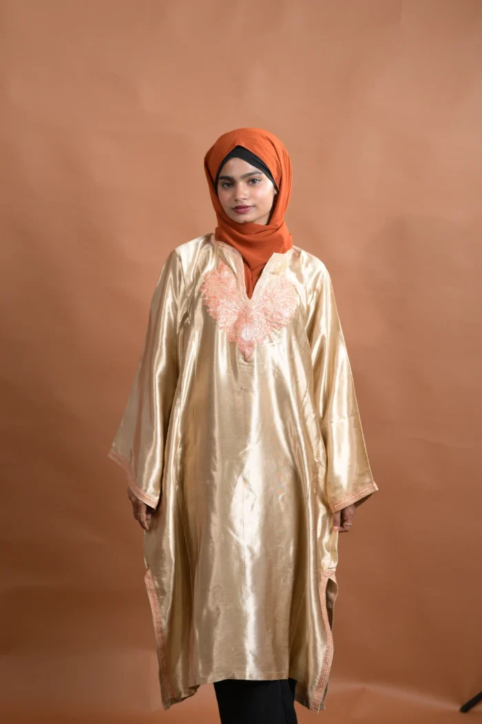 zari golden silk pheran for women