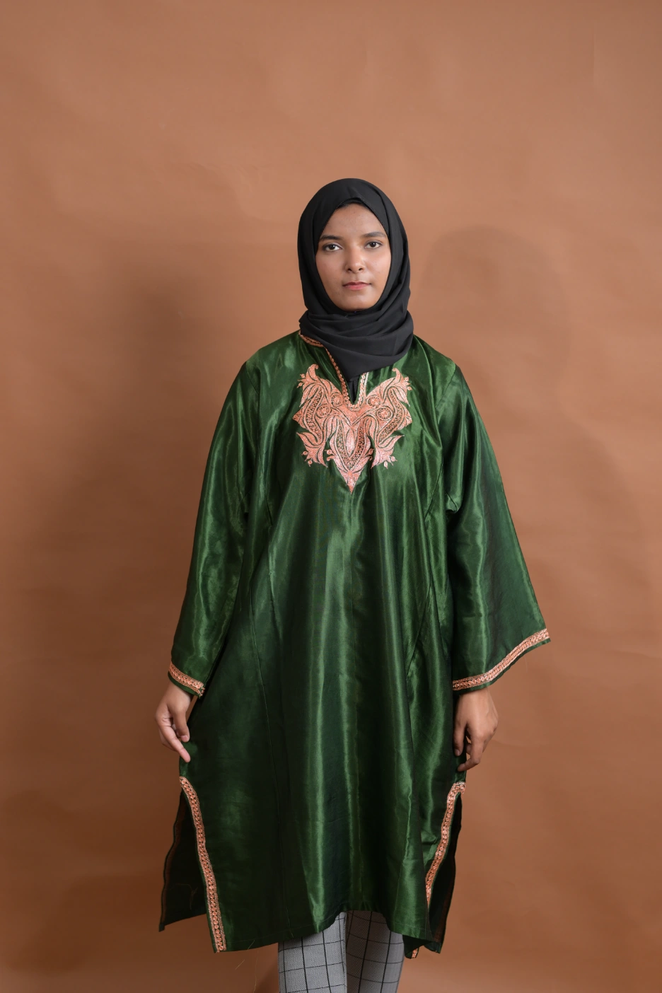 green silk kashmiri feran for female