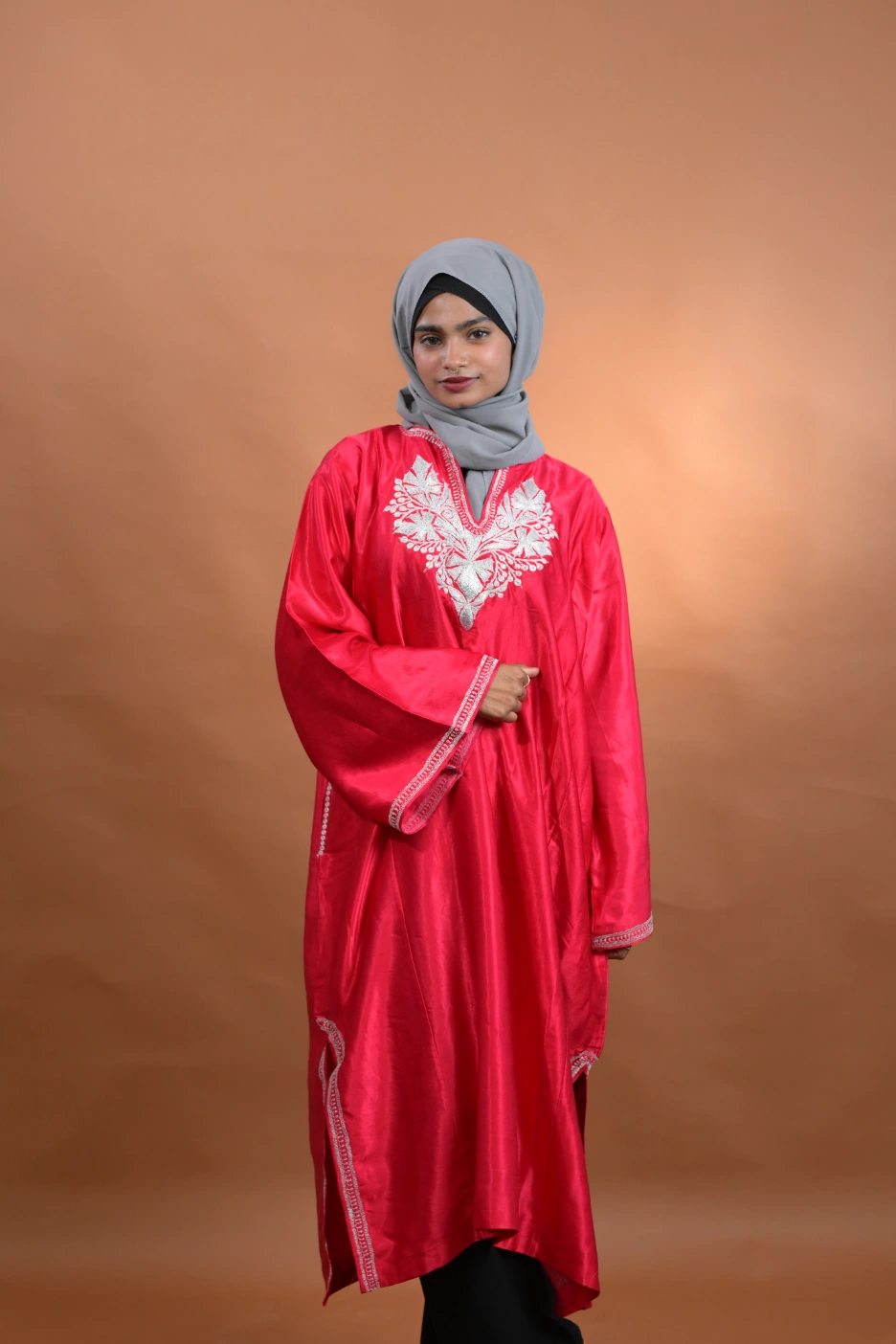 pink velvet feran with zari embriodery