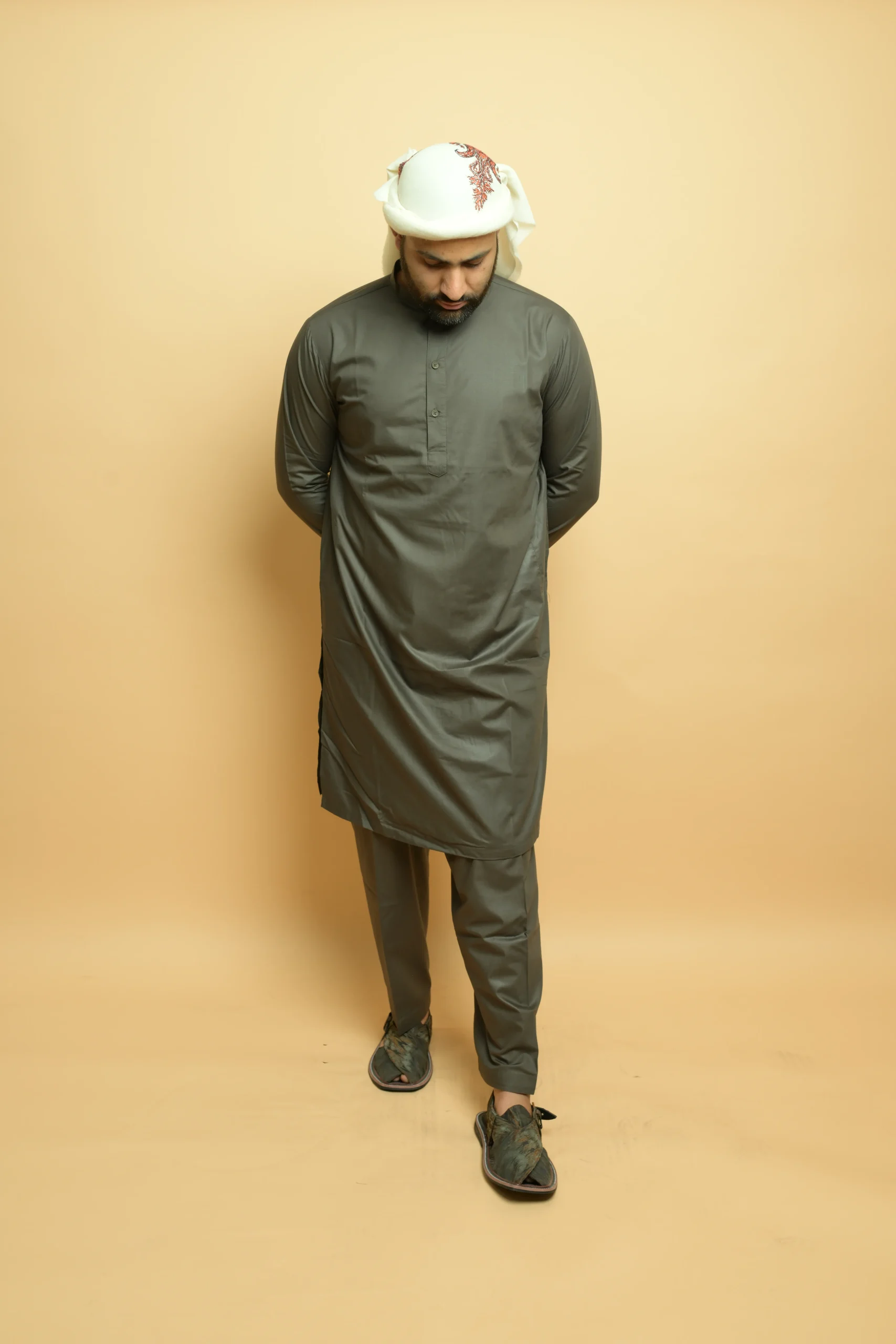 modest grey kameez shalwar for men