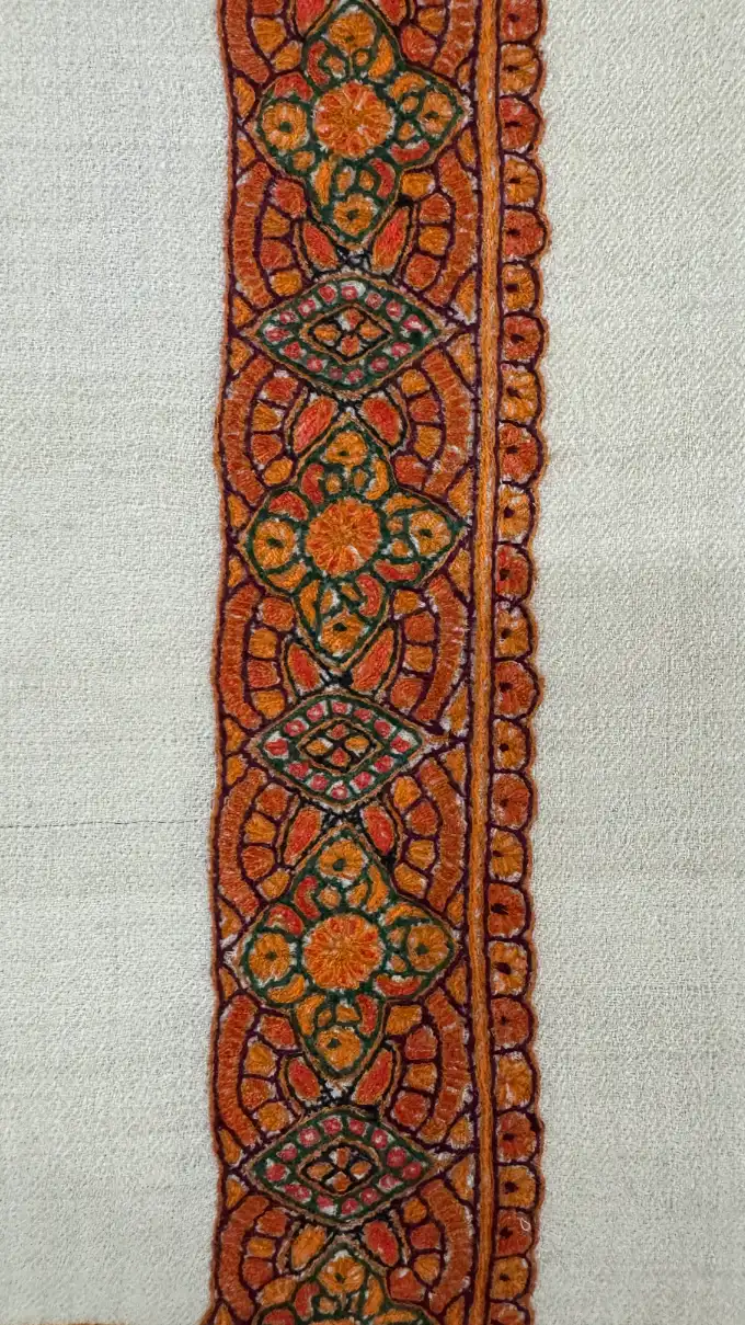 Luxurious pashmina rumal crafted with designs inspired by Omani Mussar (مصَر) and Turma (ترمة)