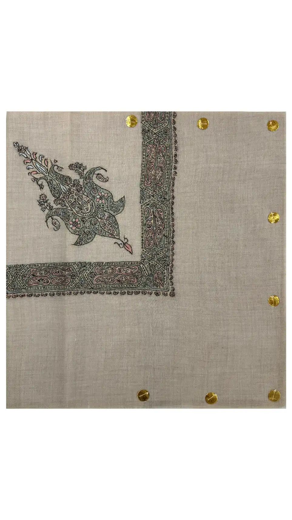 Luxurious pashmina rumal crafted with designs inspired by Omani Mussar (مصَر) and Turma (ترمة)