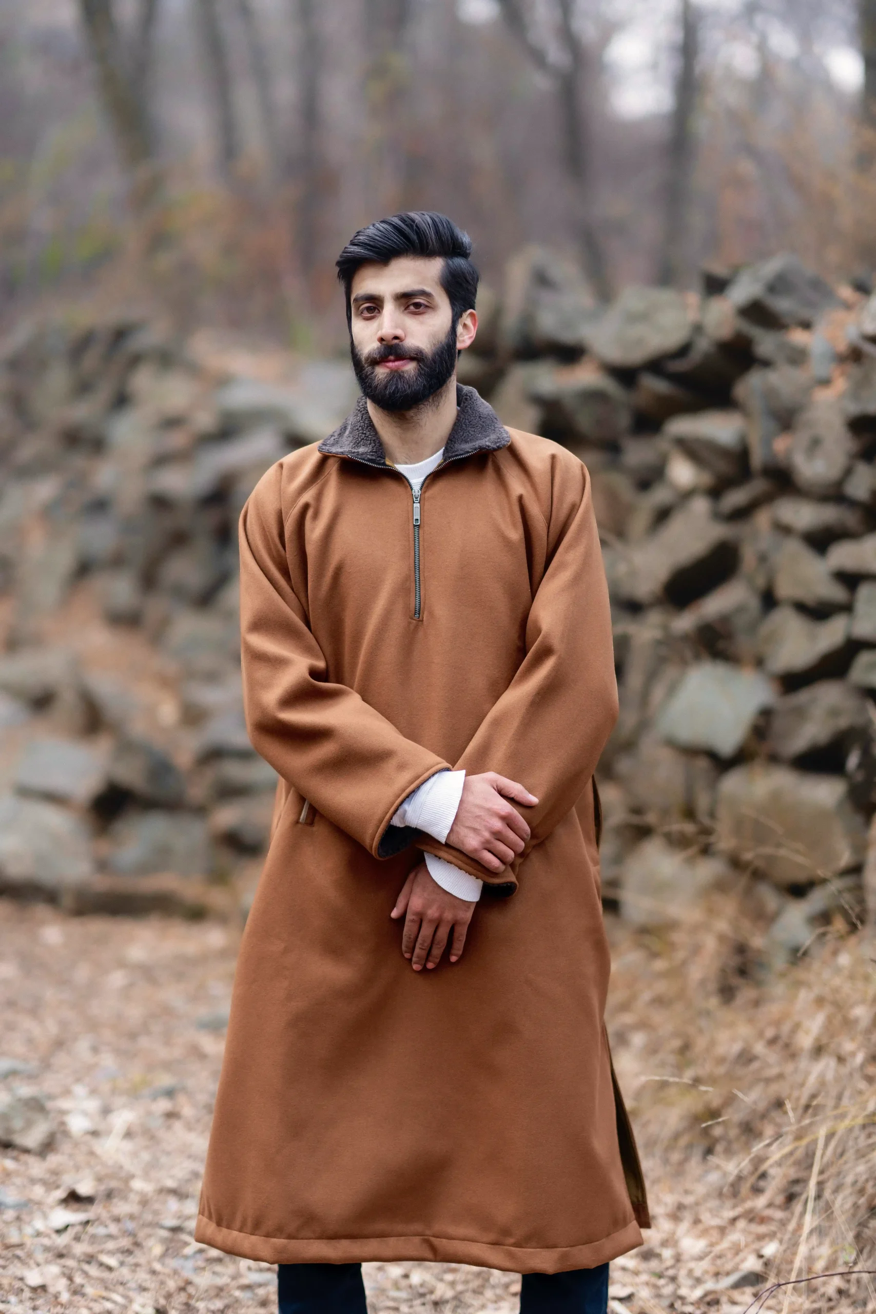 mustard long coat with closed front
