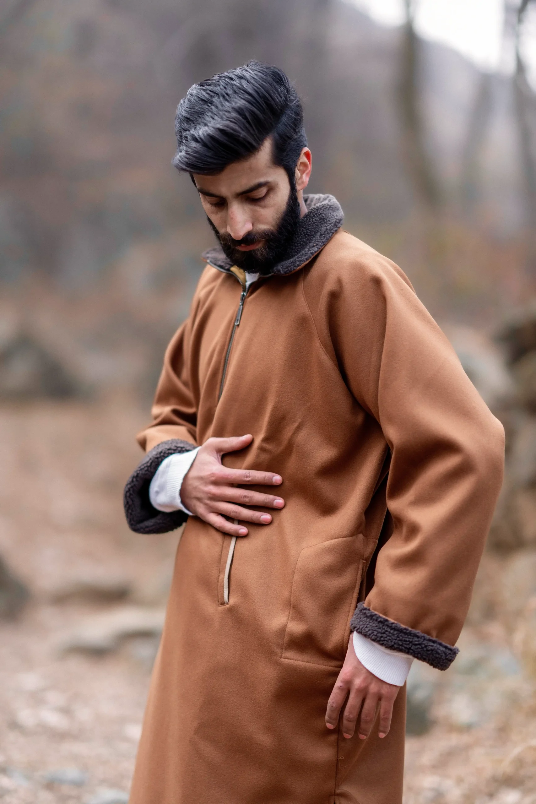 mustard overcoat with fur for men