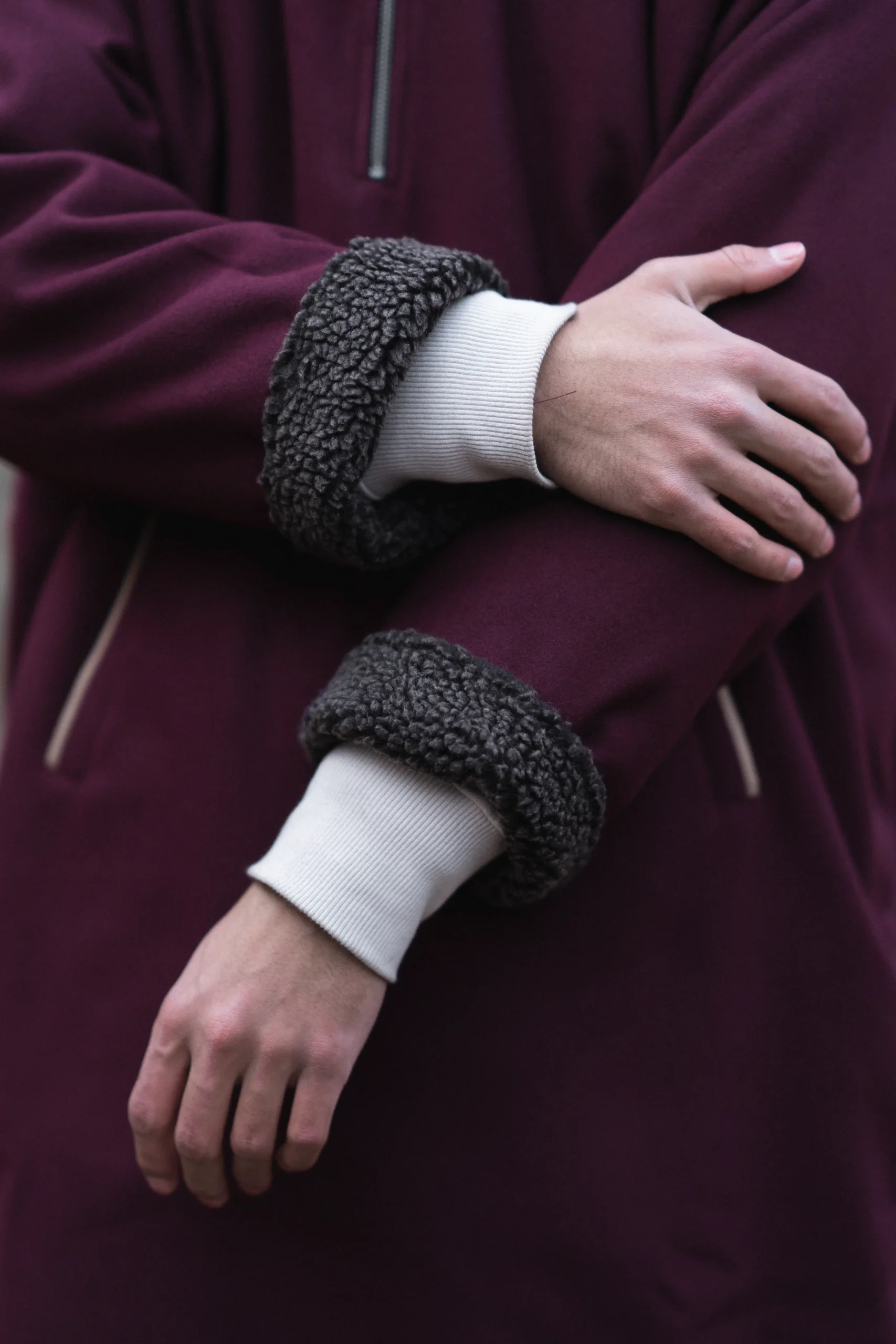 maroon overcoat with fur & closed front