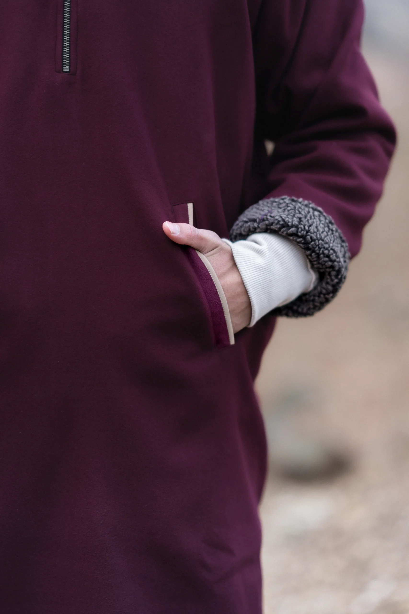 maroon overcoat with fur