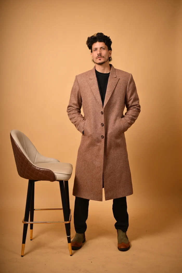 brown herringbone winter overcoat for male