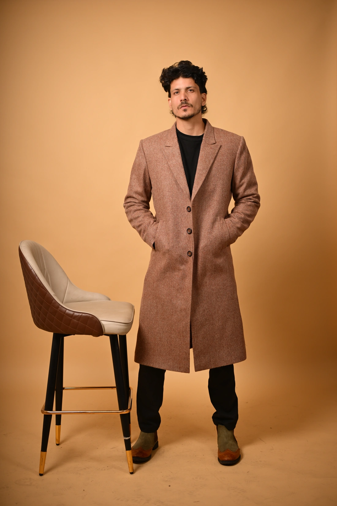 brown herringbone winter overcoat for male