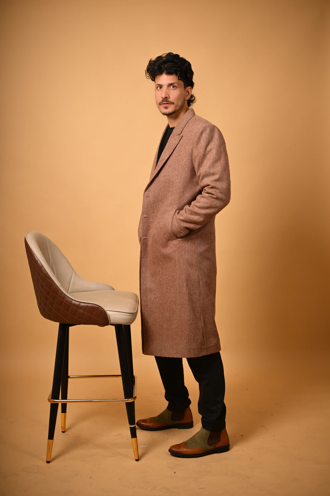 brown herringbone winter overcoat for male