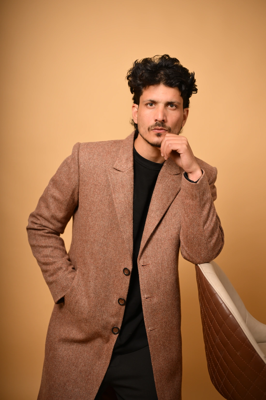 brown herringbone winter overcoat for male