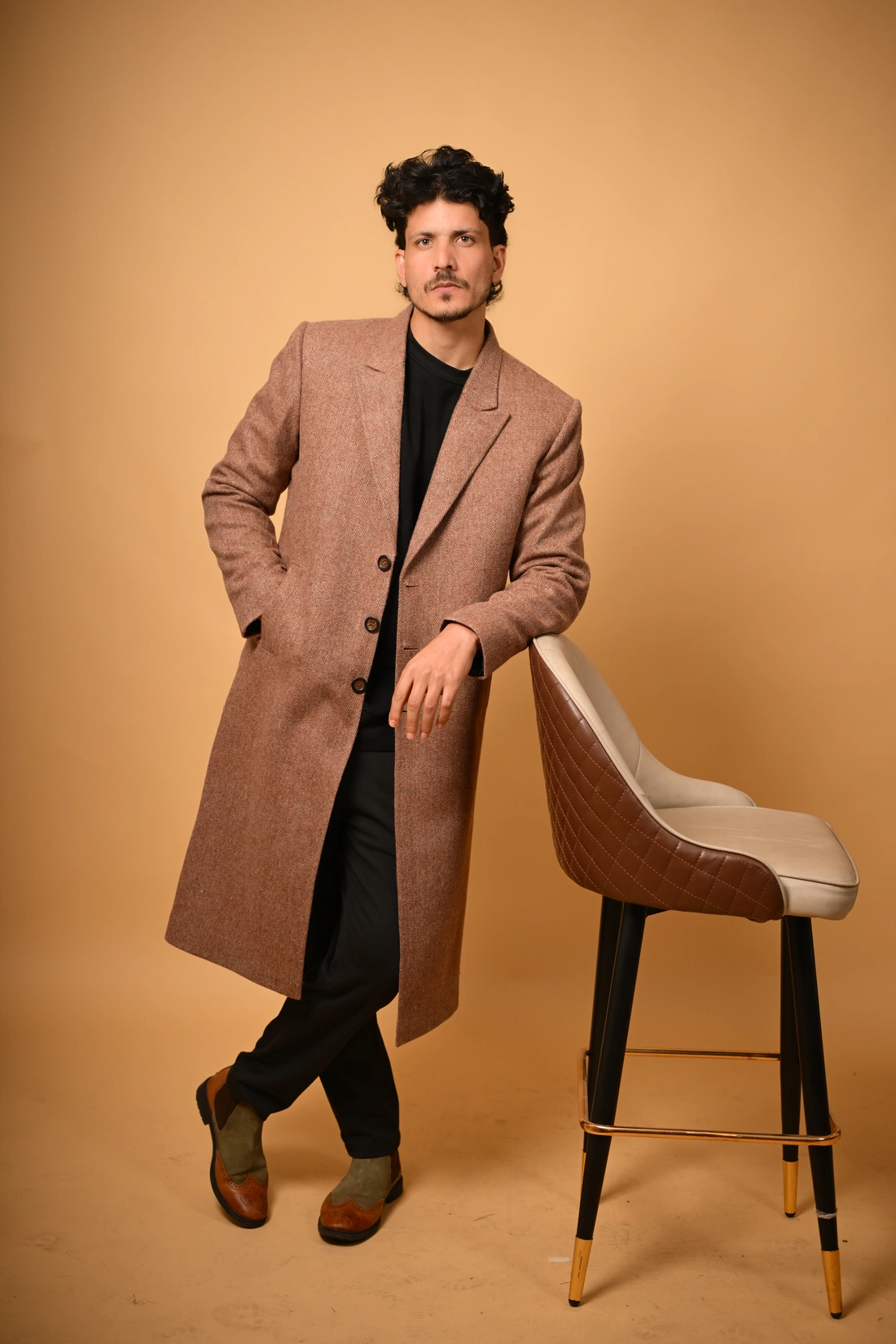brown herringbone winter overcoat for male