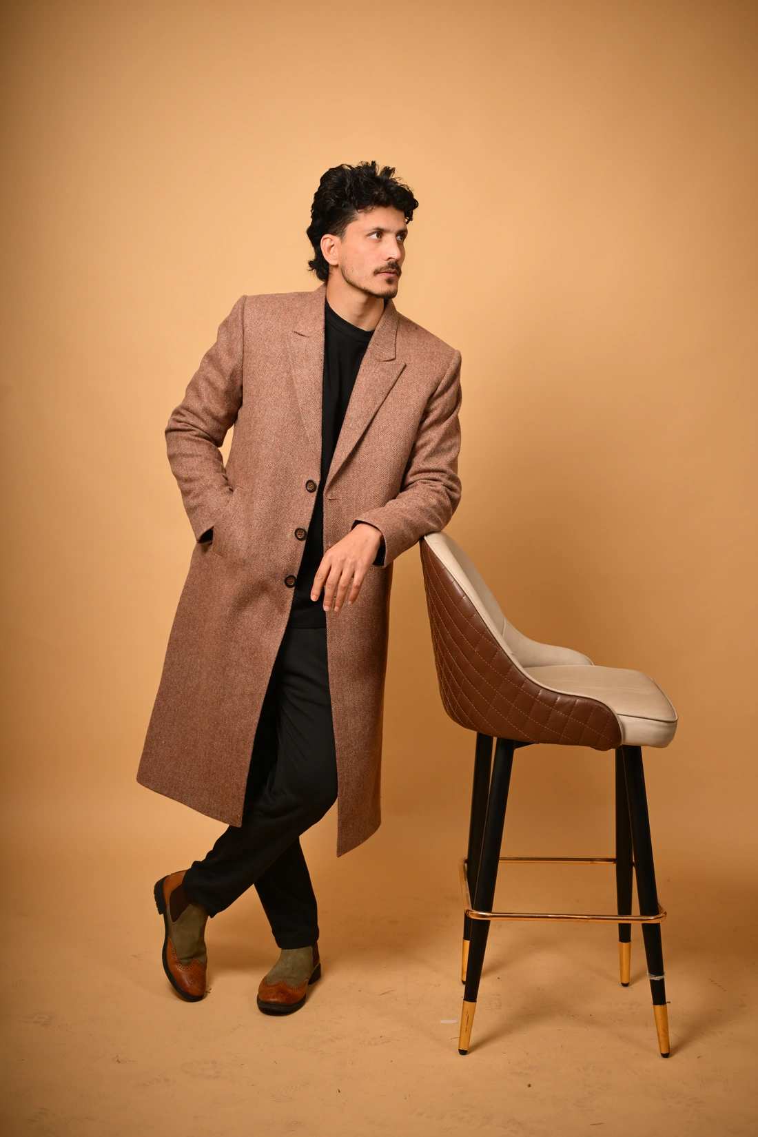 brown herringbone winter overcoat for male