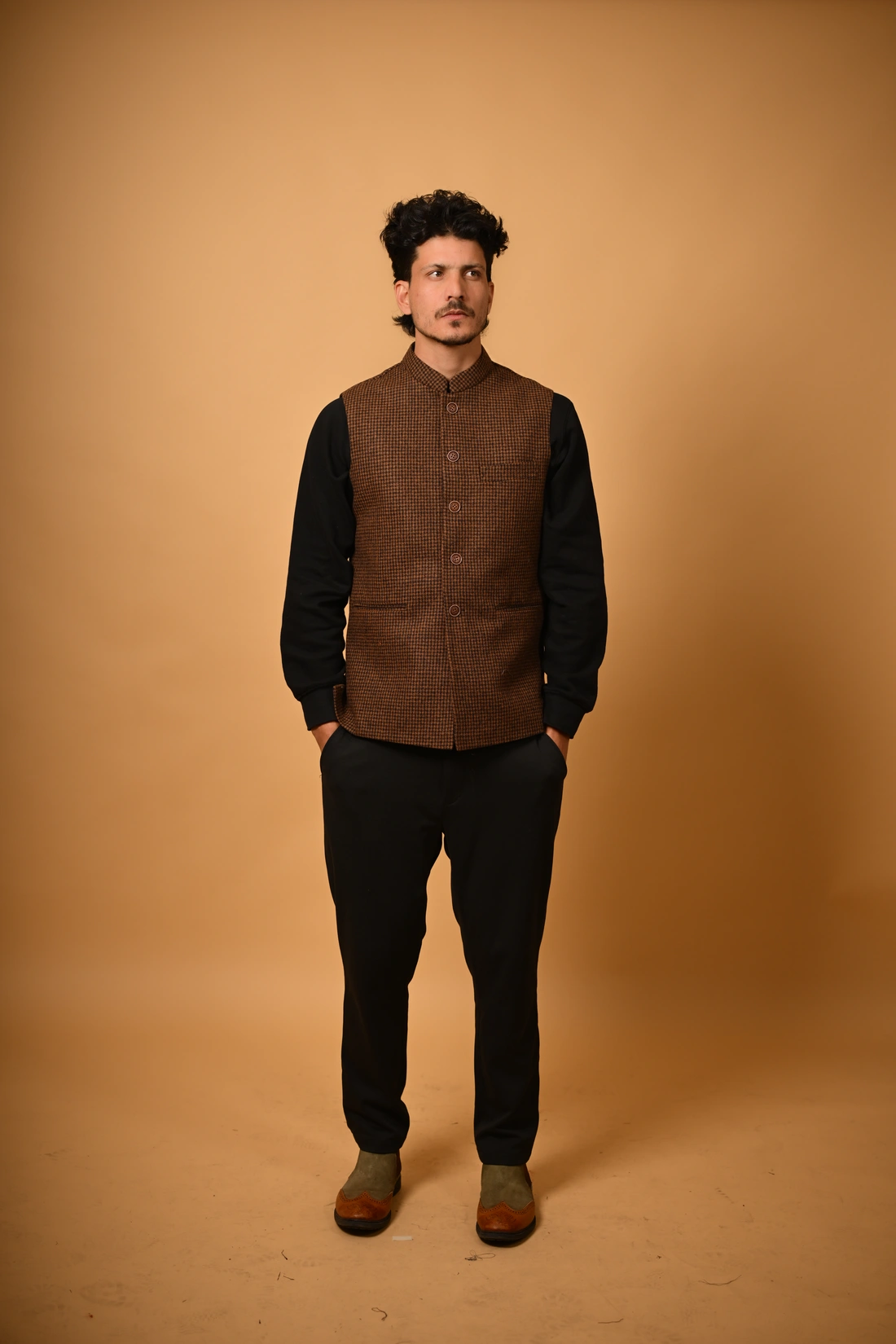Brown Check Wool Waistcoat for men