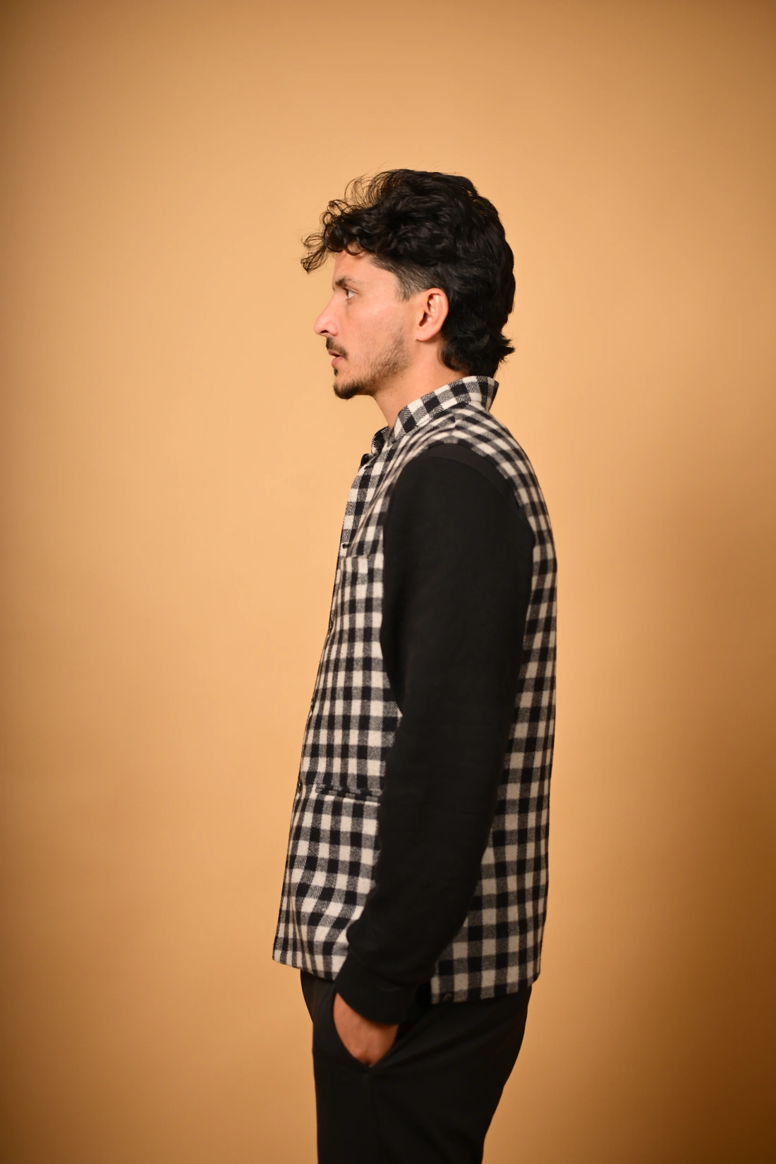white and black check winter waistcoat for men