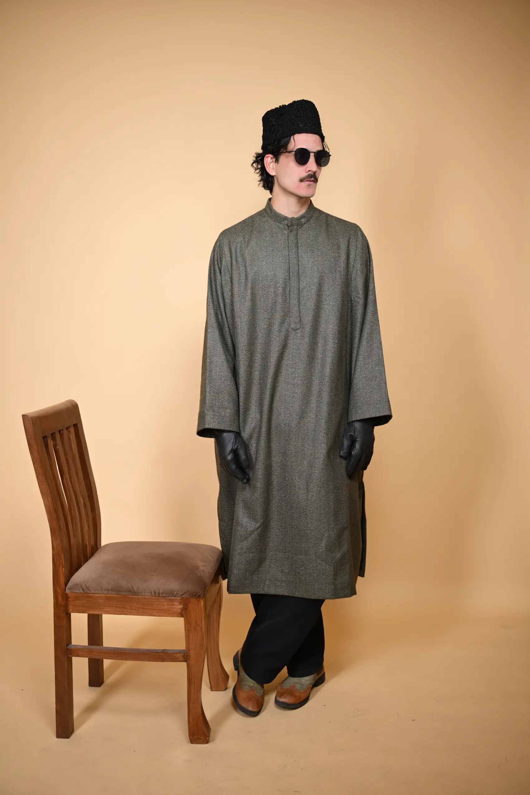 green micro check pheran for man