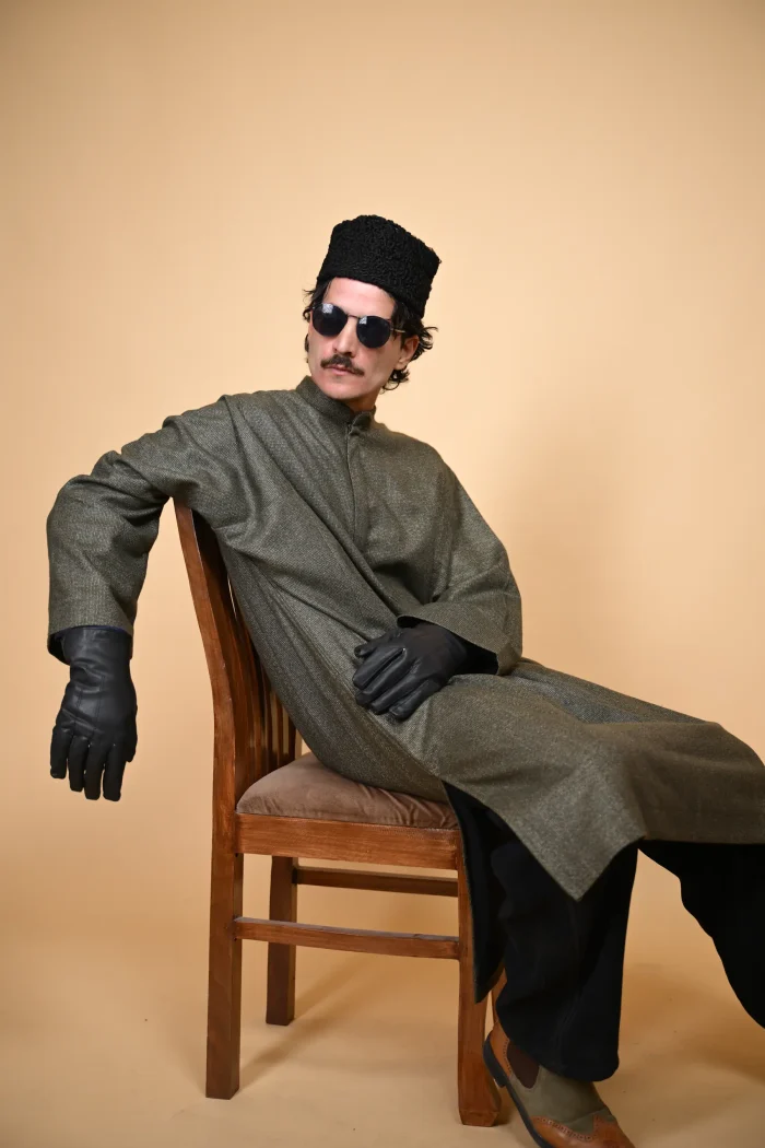 green micro check  pheran for man