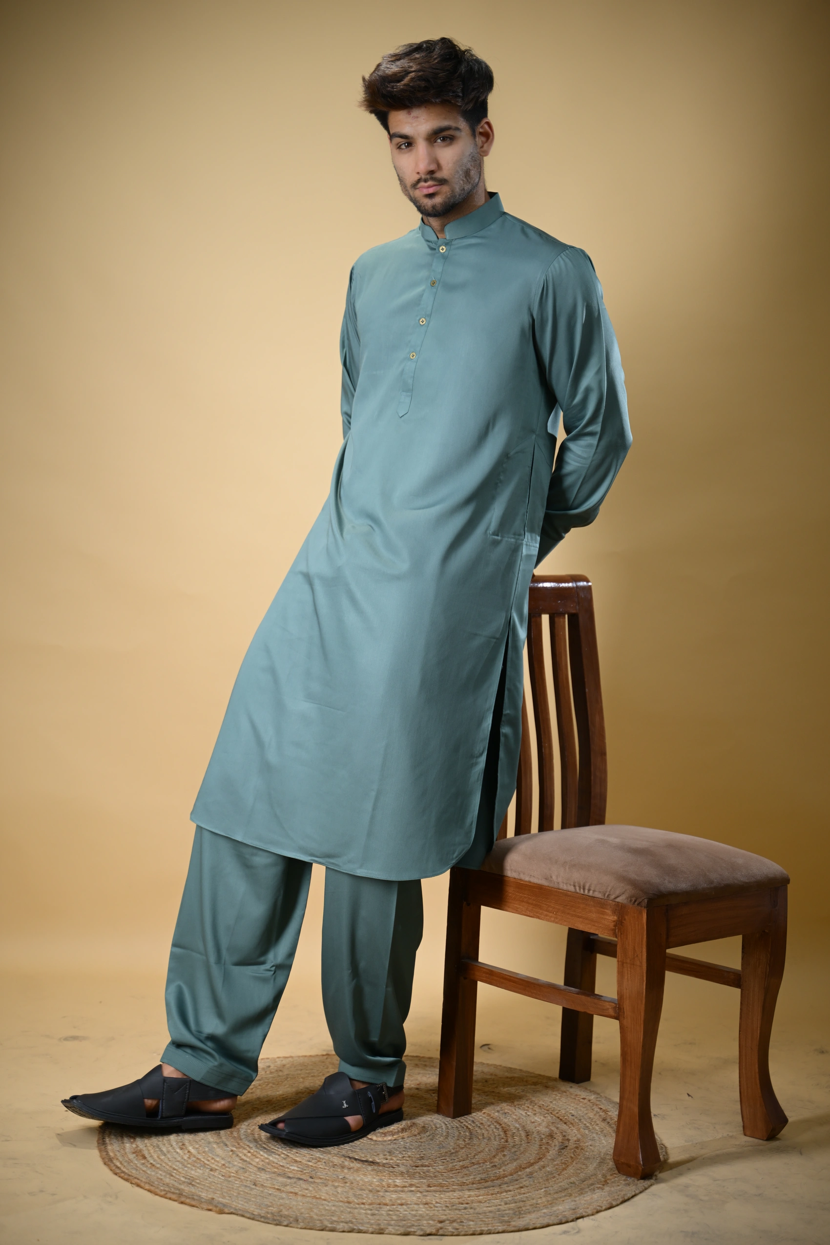 Aquamarine Luma Mandarin Collar Kameez Shalwar - Image 3