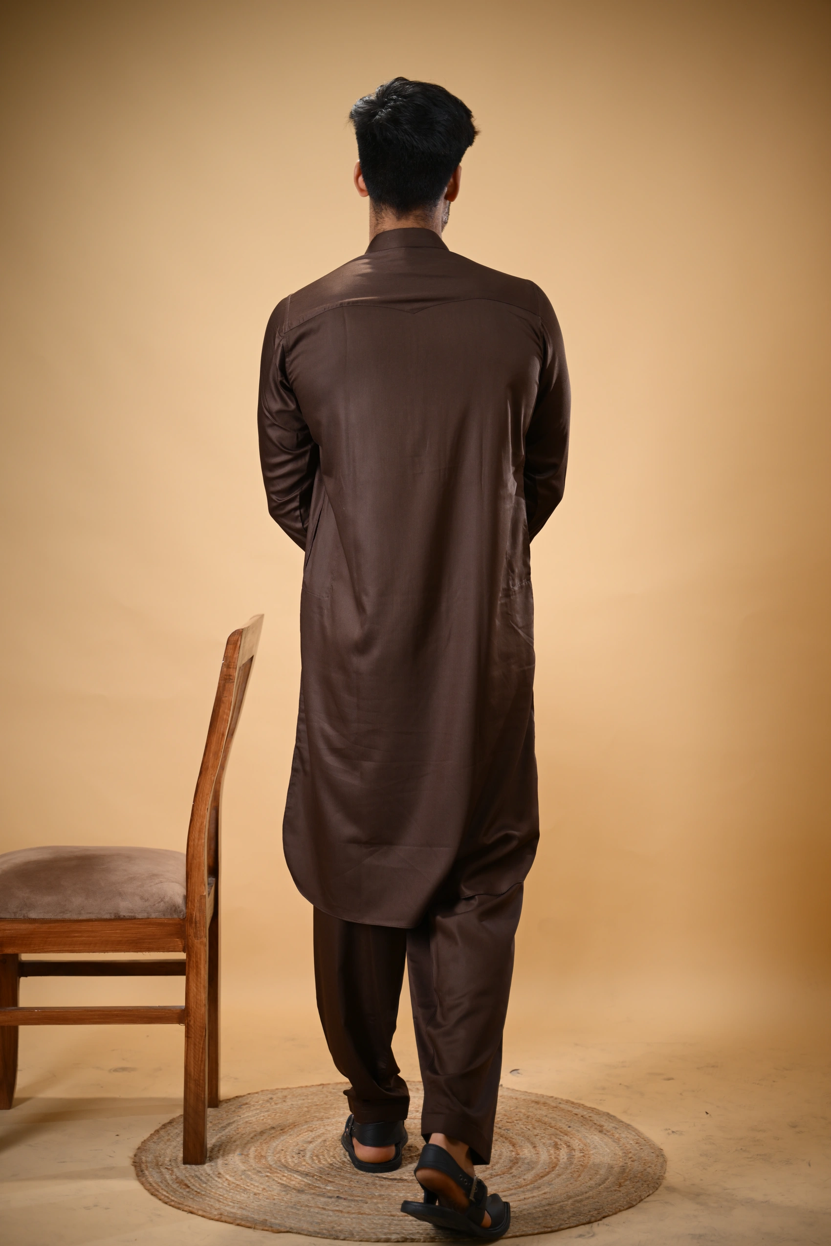 Chocolate Brown Luma Mandarin Collar Kameez Shalwar - Image 4