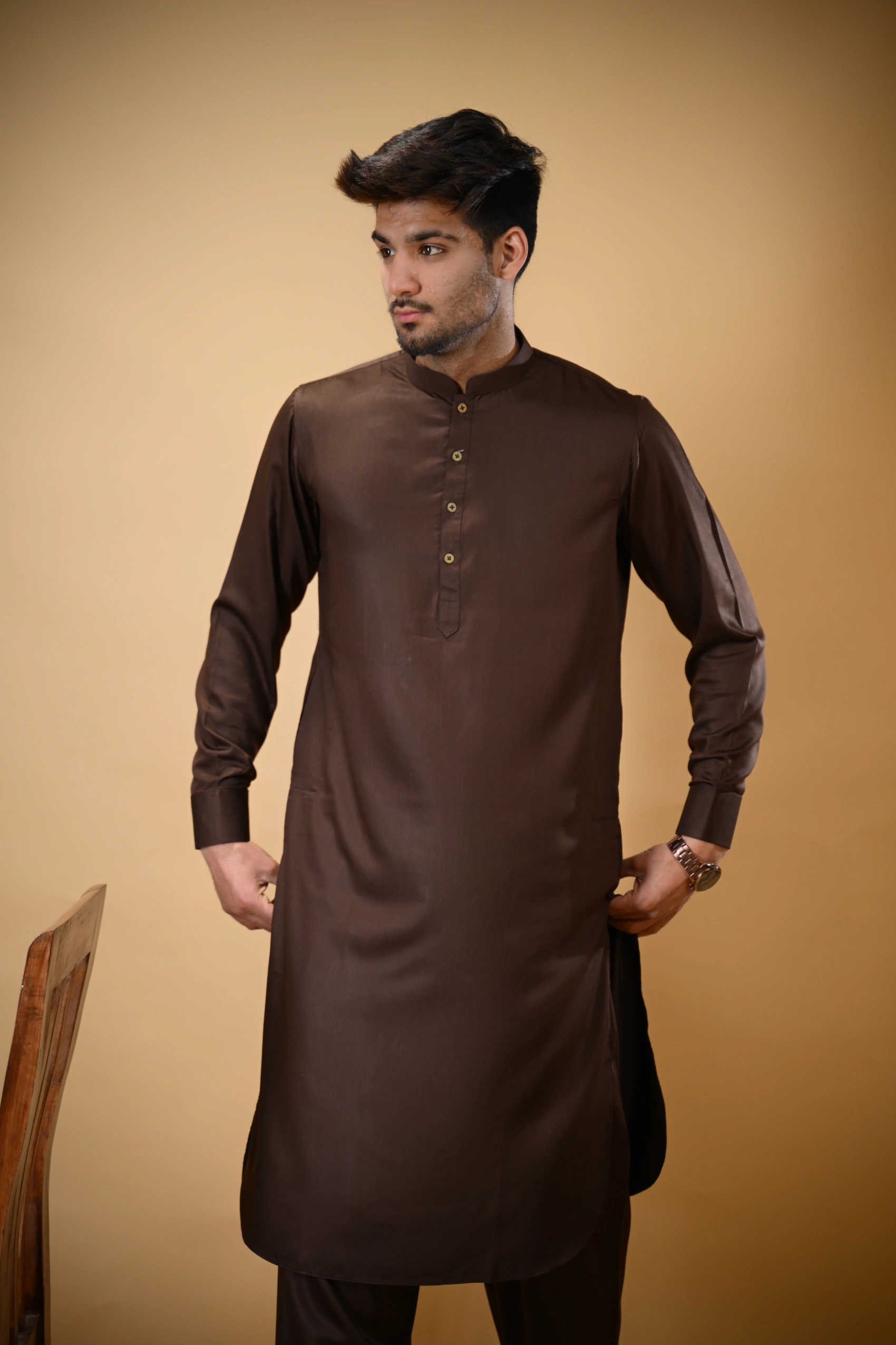 Chocolate Brown Luma Mandarin Collar Kameez Shalwar - Image 6