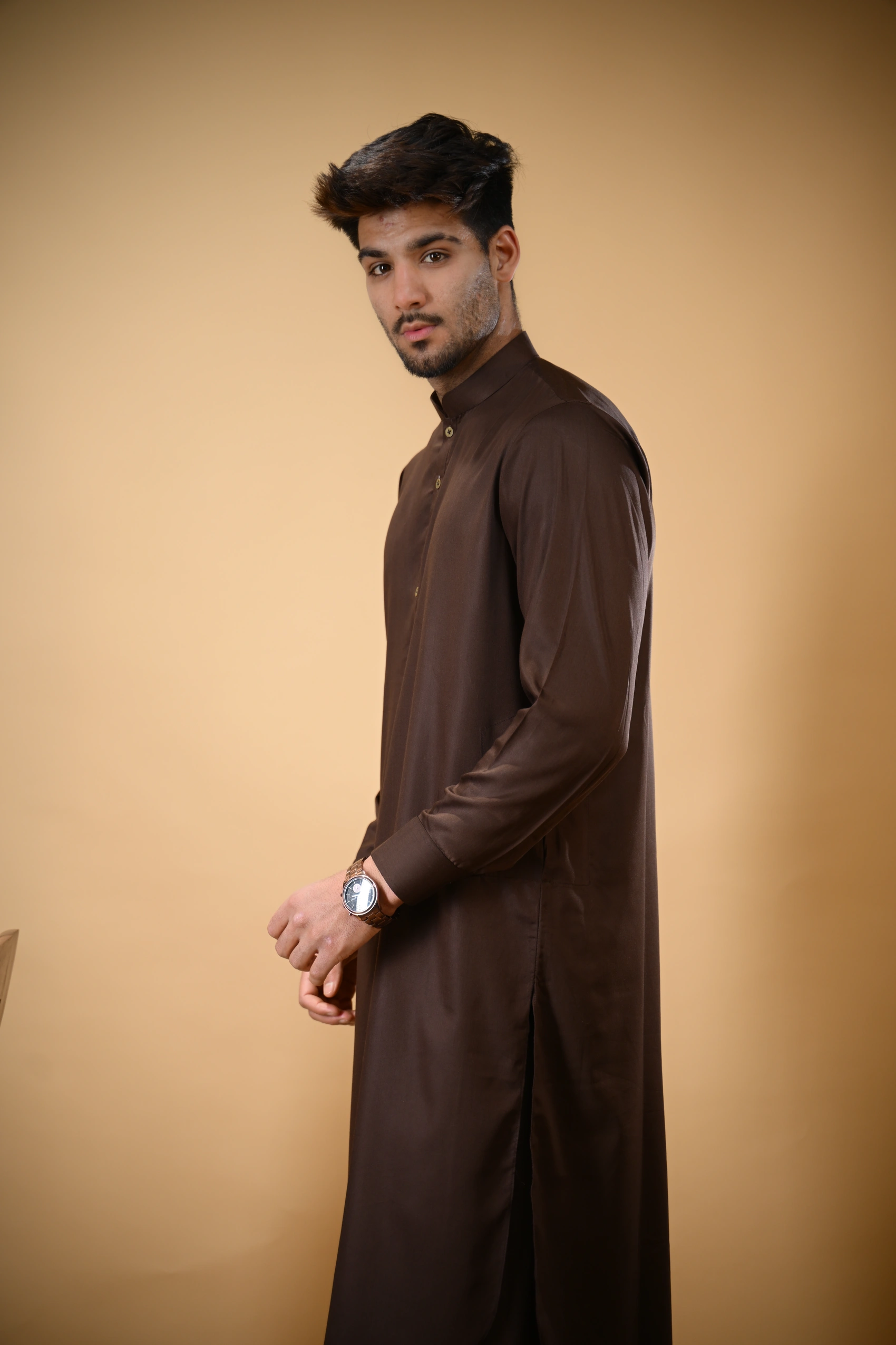 Chocolate Brown Luma Mandarin Collar Kameez Shalwar - Image 5