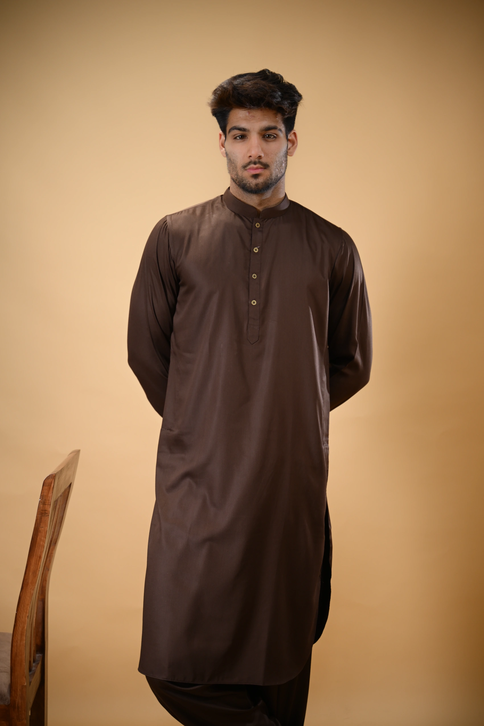 Chocolate Brown Luma Mandarin Collar Kameez Shalwar - Image 7