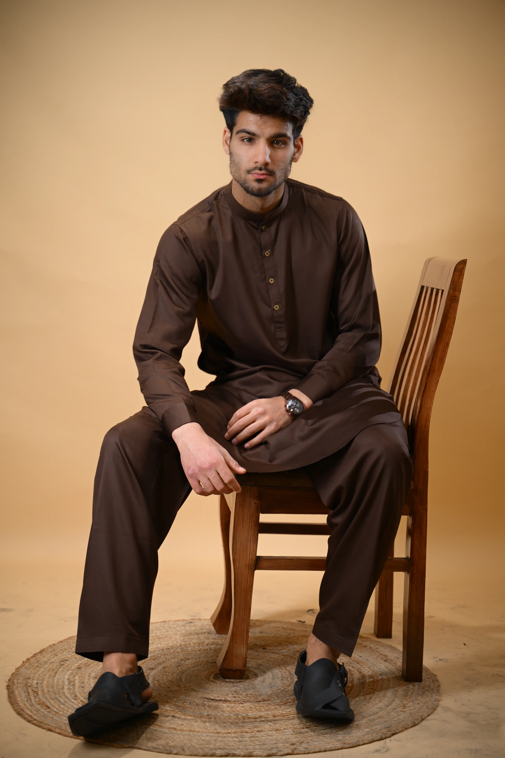 Chocolate Brown Luma Mandarin Collar Kameez Shalwar - Image 3