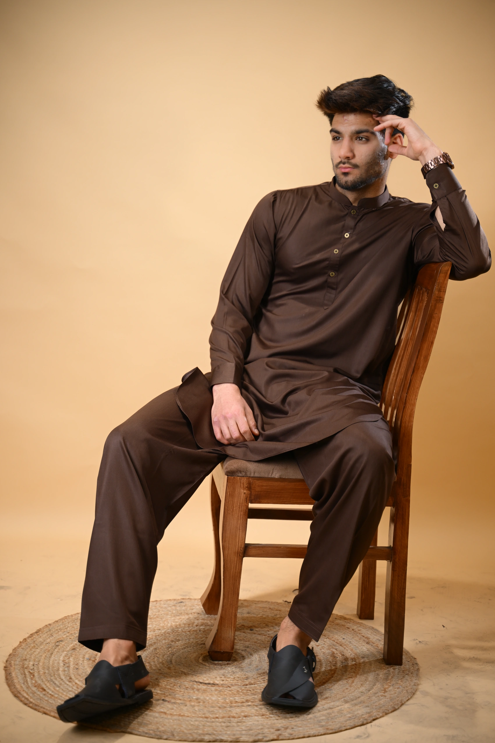 Chocolate Brown Luma Mandarin Collar Kameez Shalwar - Image 2
