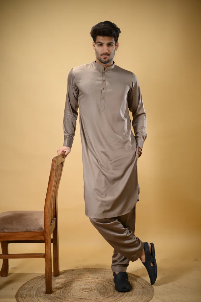 Earthy Brown Luma Mandarin Collar Kameez Shalwar