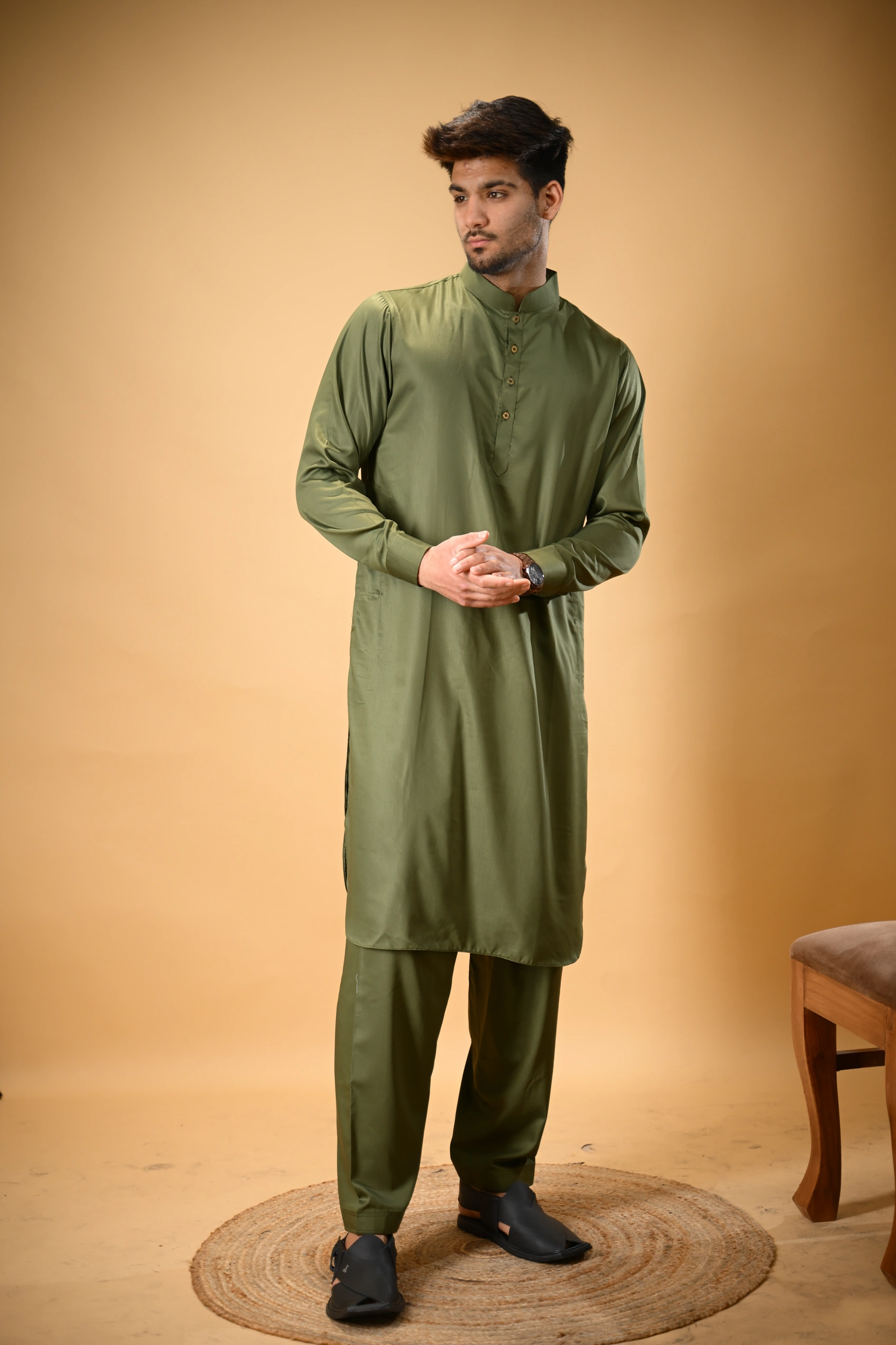 Forest Green Luma Mandarin Collar Kameez Shalwar - Image 6
