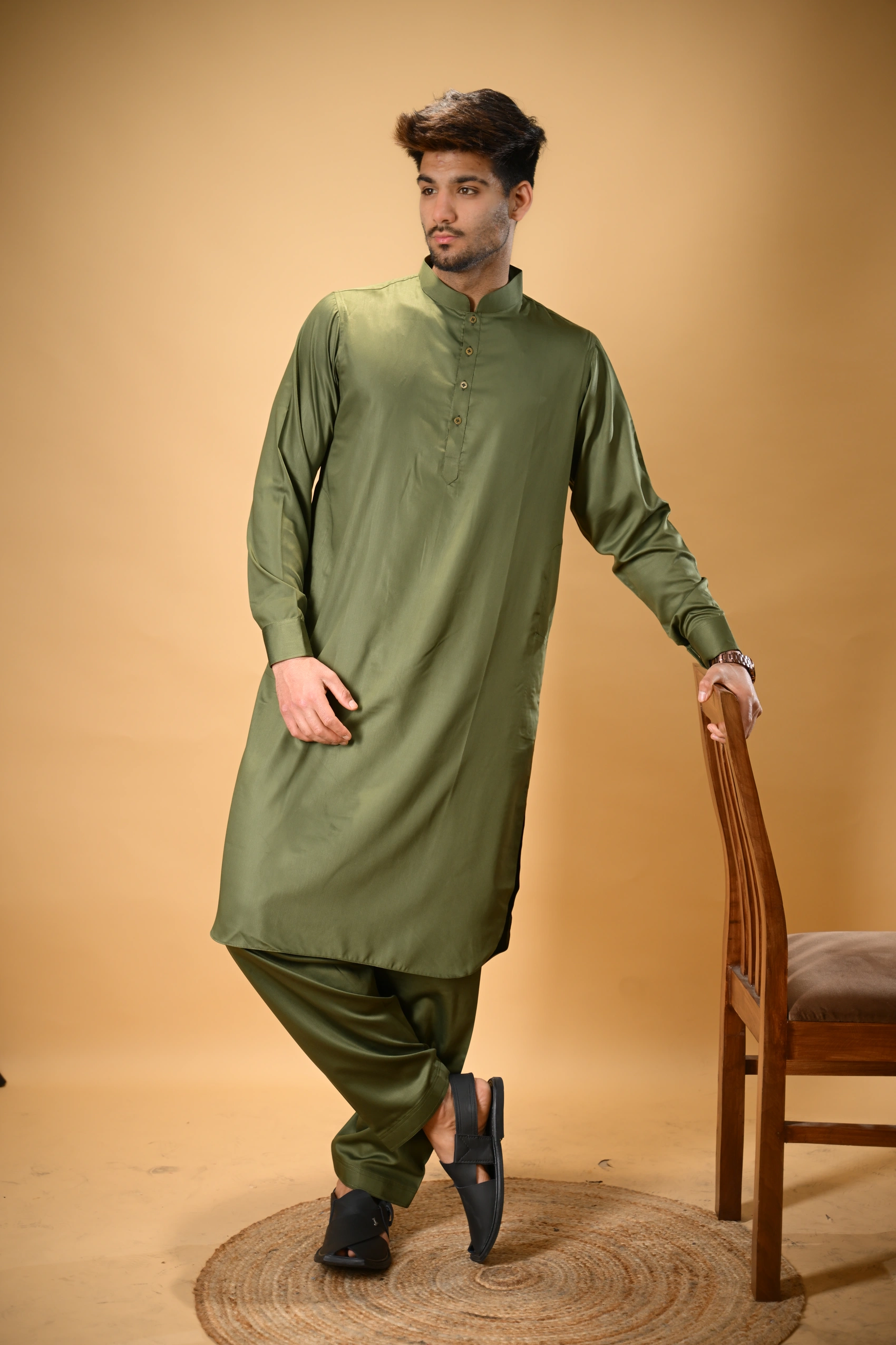 Forest Green Luma Mandarin Collar Kameez Shalwar - Image 3