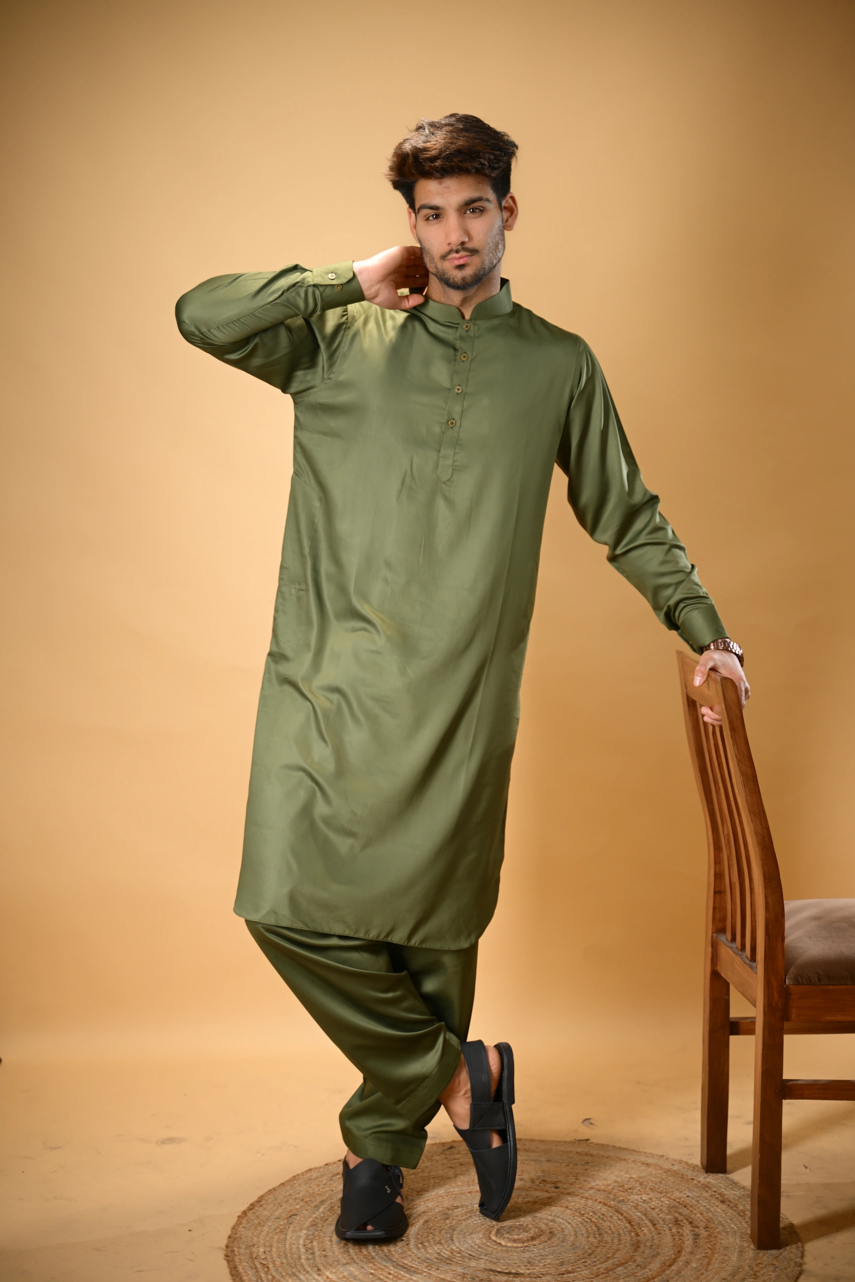 Forest Green Luma Mandarin Collar Kameez Shalwar - Image 8