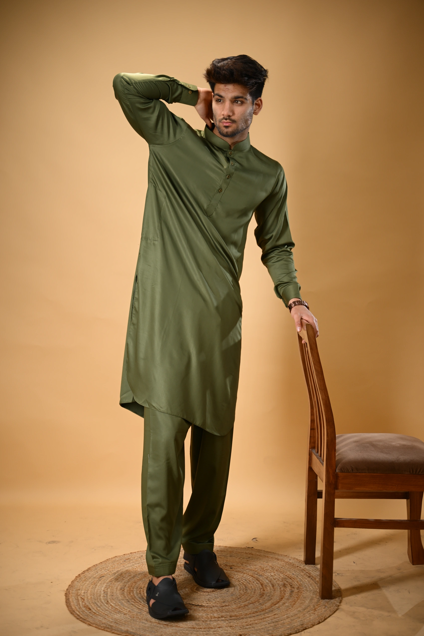 Forest Green Luma Mandarin Collar Kameez Shalwar