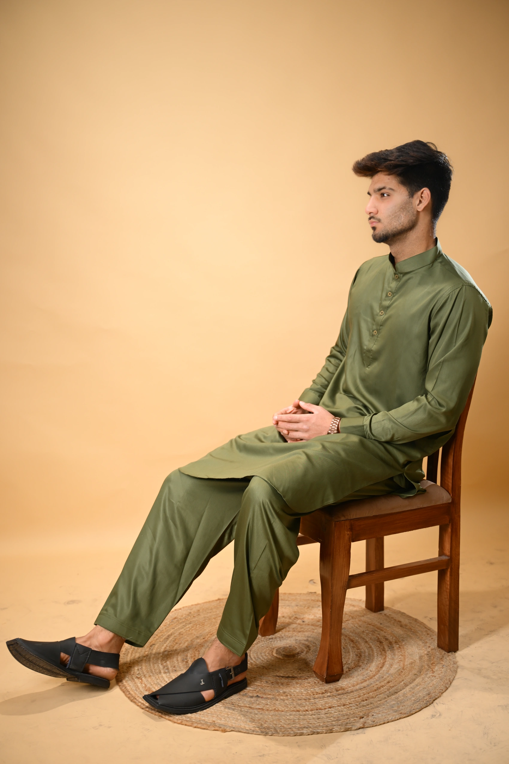 Forest Green Luma Mandarin Collar Kameez Shalwar - Image 5