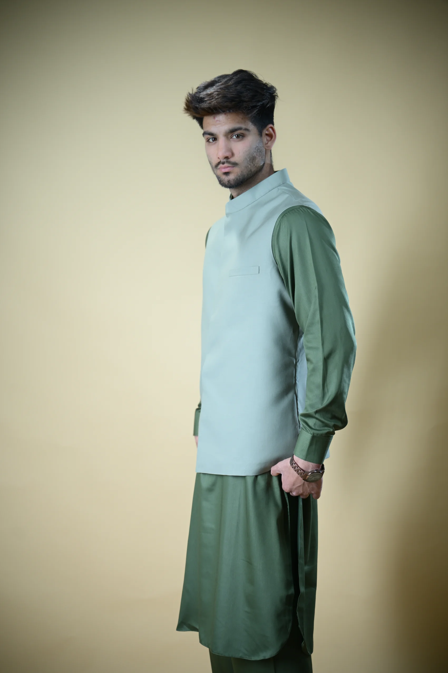 Mint Green Bandgala Waistcoat - Image 3