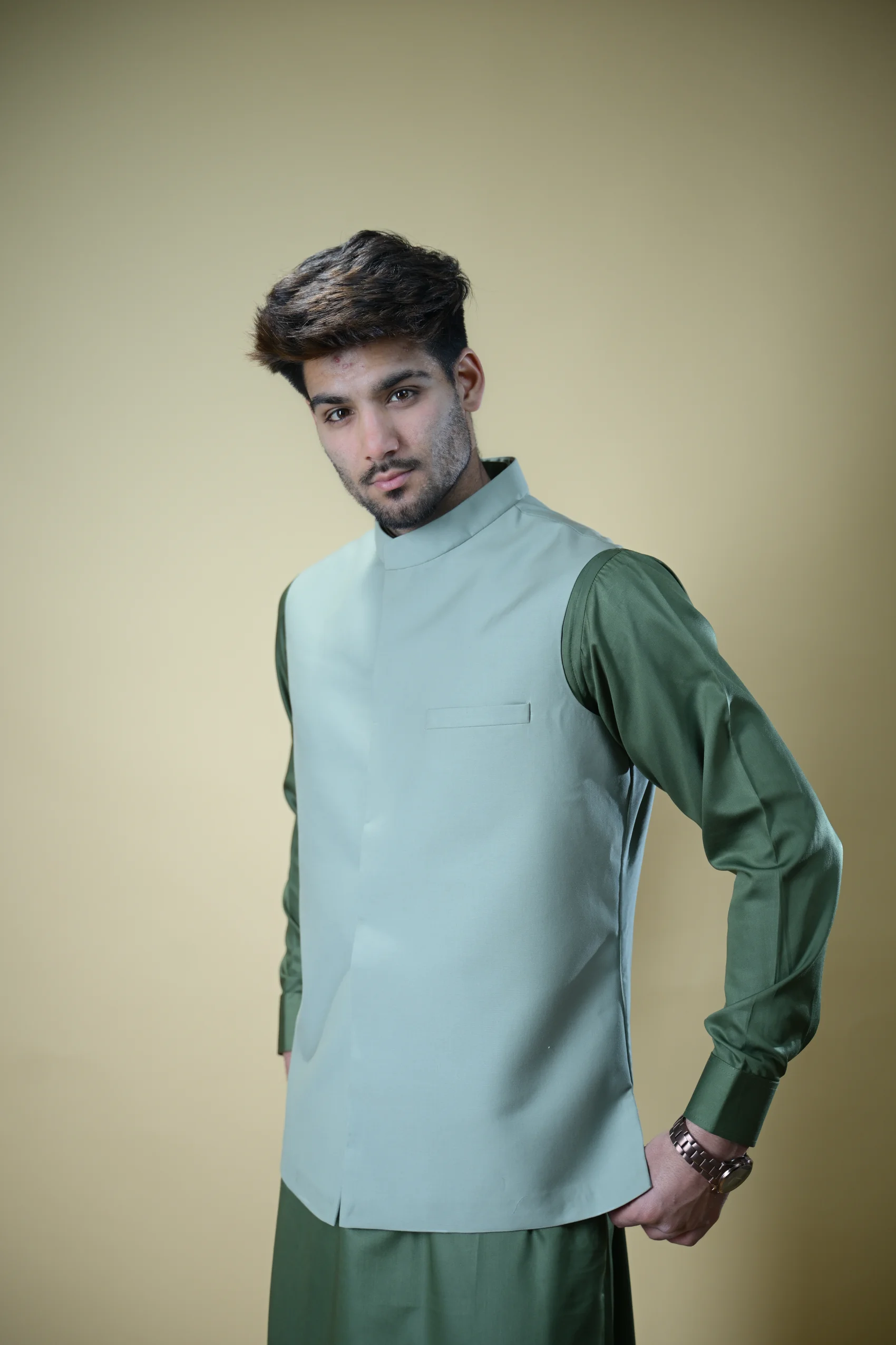 Mint Green Bandgala Waistcoat - Image 4