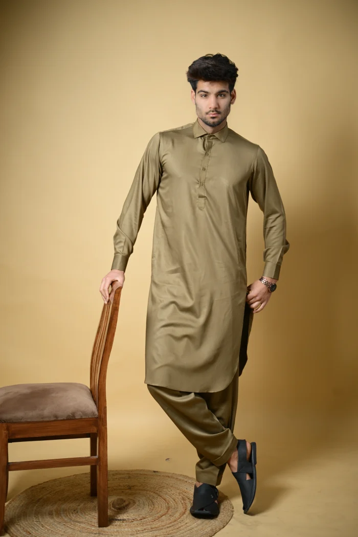 Olive Green Luma Shirt Collar Kameez Shalwar