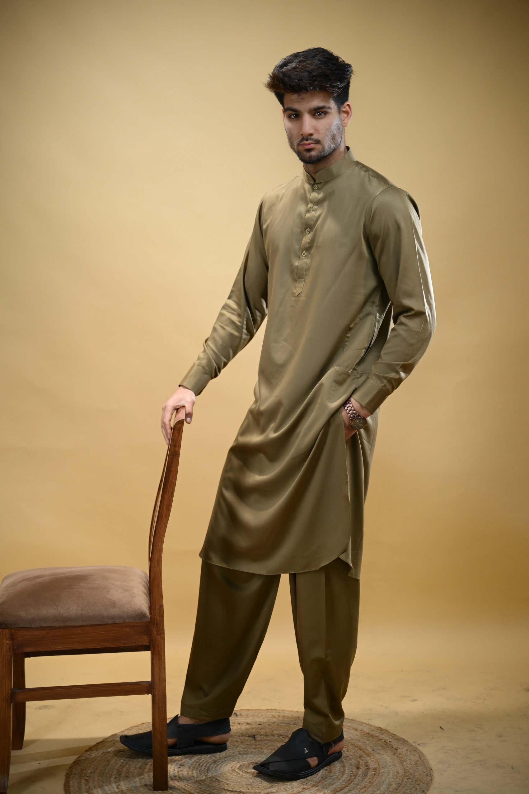Olive Green Luma Mandarin Collar Kameez Shalwar - Image 7