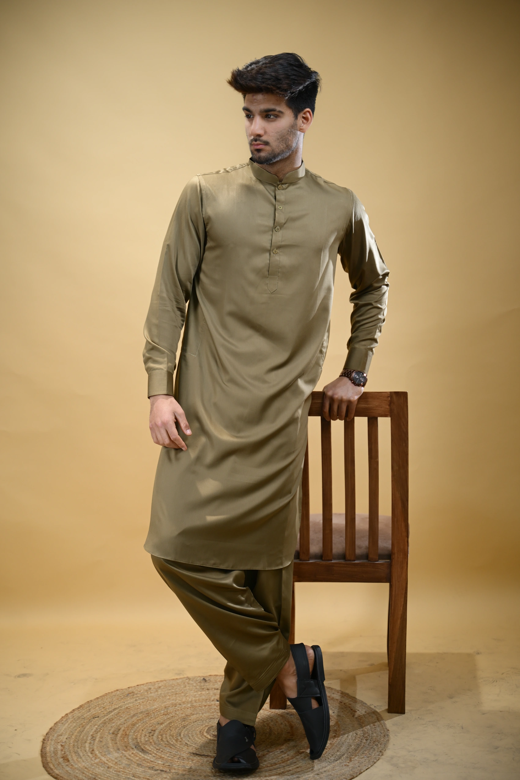 Olive Green Luma Mandarin Collar Kameez Shalwar - Image 4