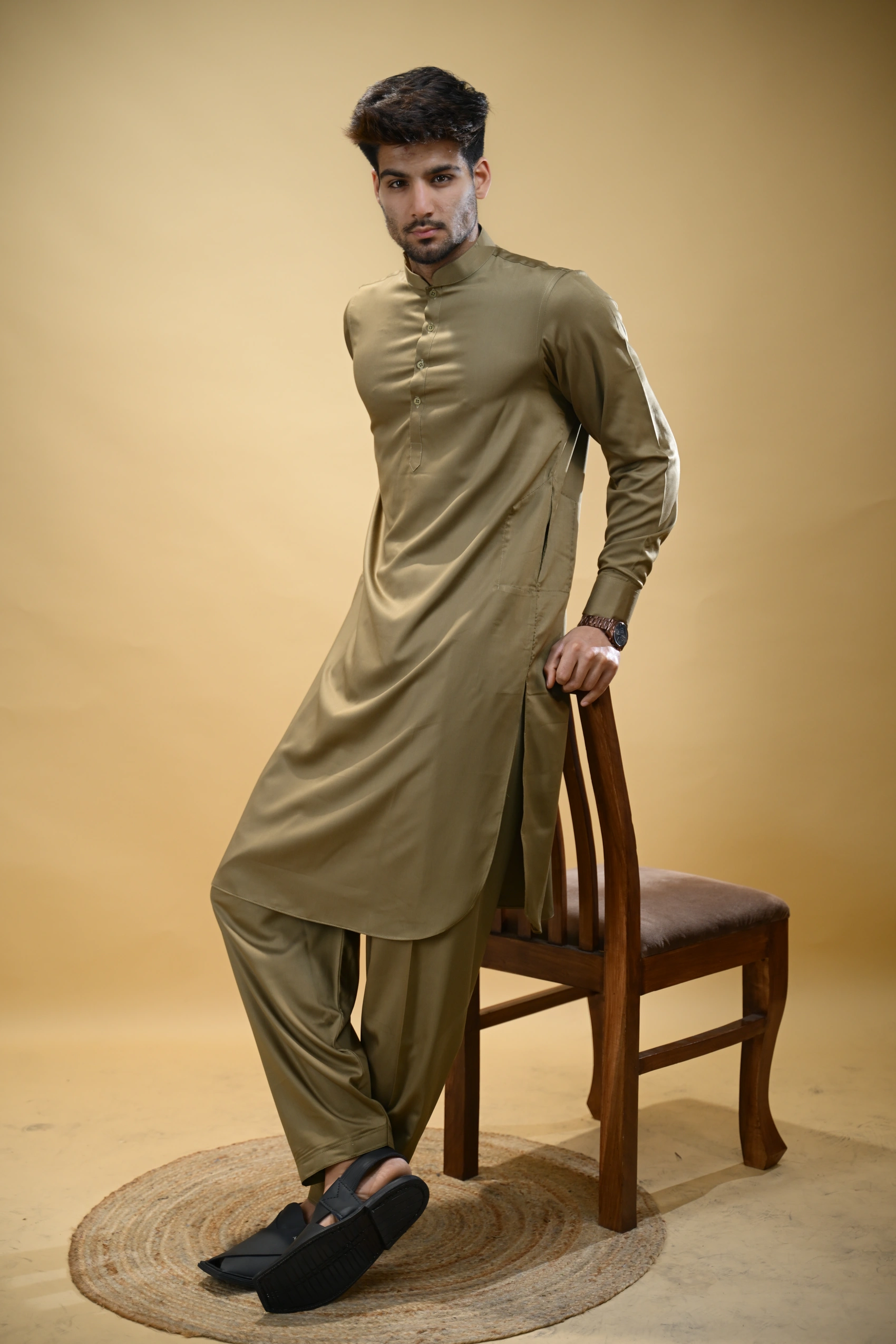 Olive Green Luma Mandarin Collar Kameez Shalwar - Image 5