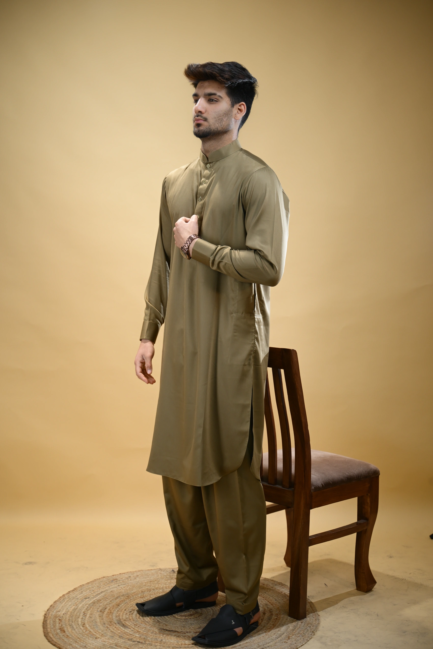 Olive Green Luma Mandarin Collar Kameez Shalwar - Image 6