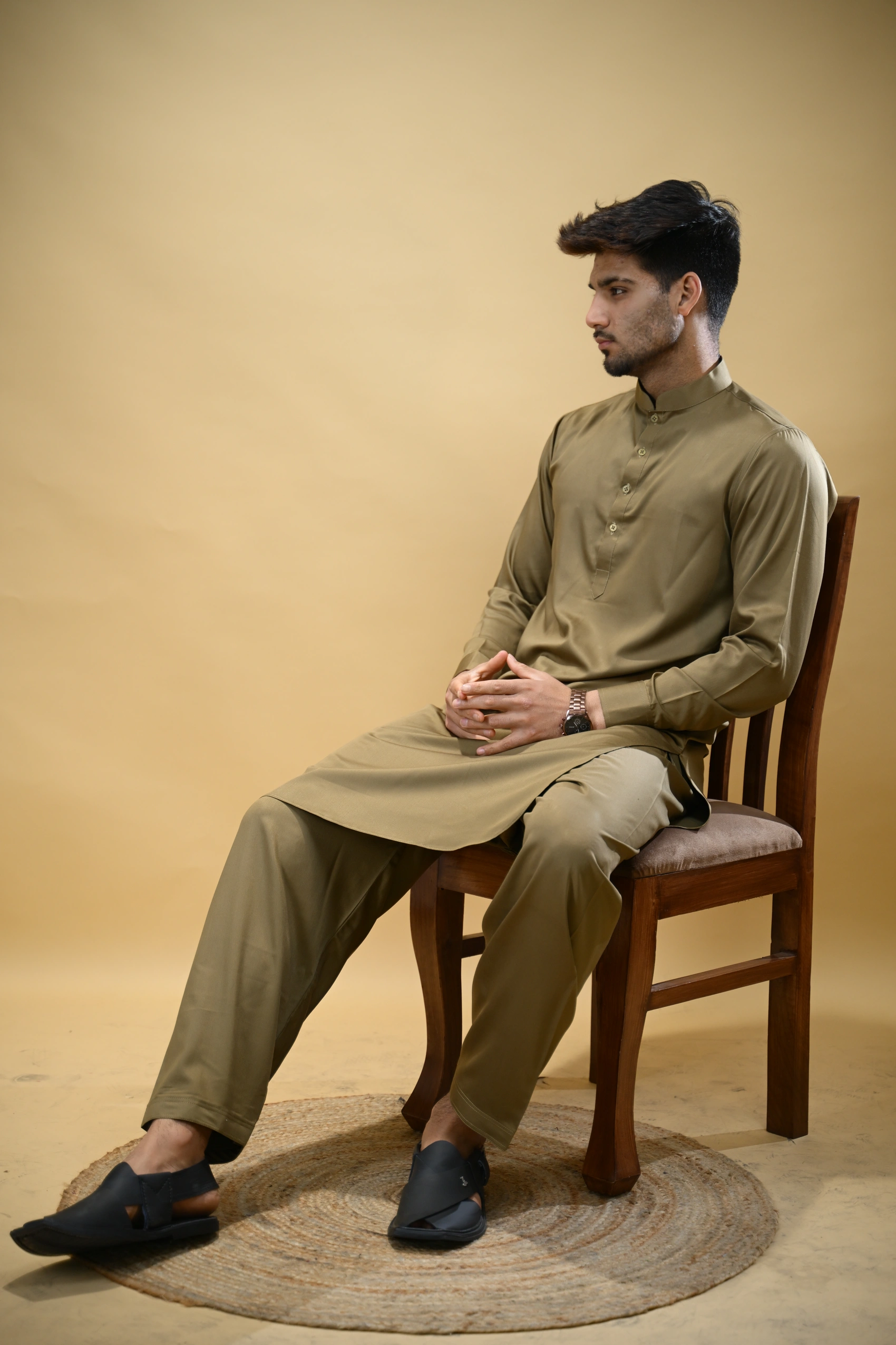 Olive Green Luma Mandarin Collar Kameez Shalwar - Image 2