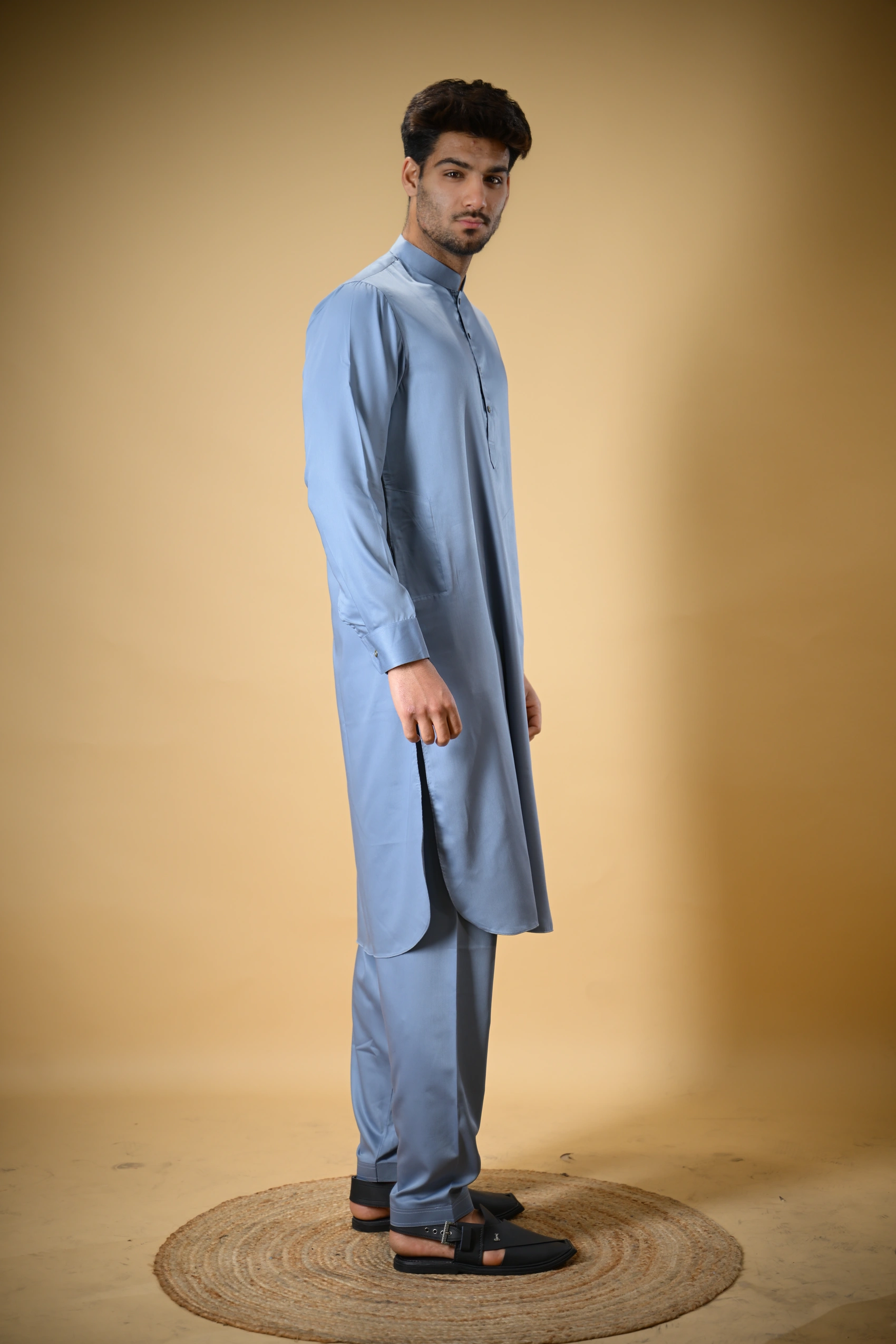 Slate Blue Luma Mandarin Collar Kameez Shalwar - Image 6
