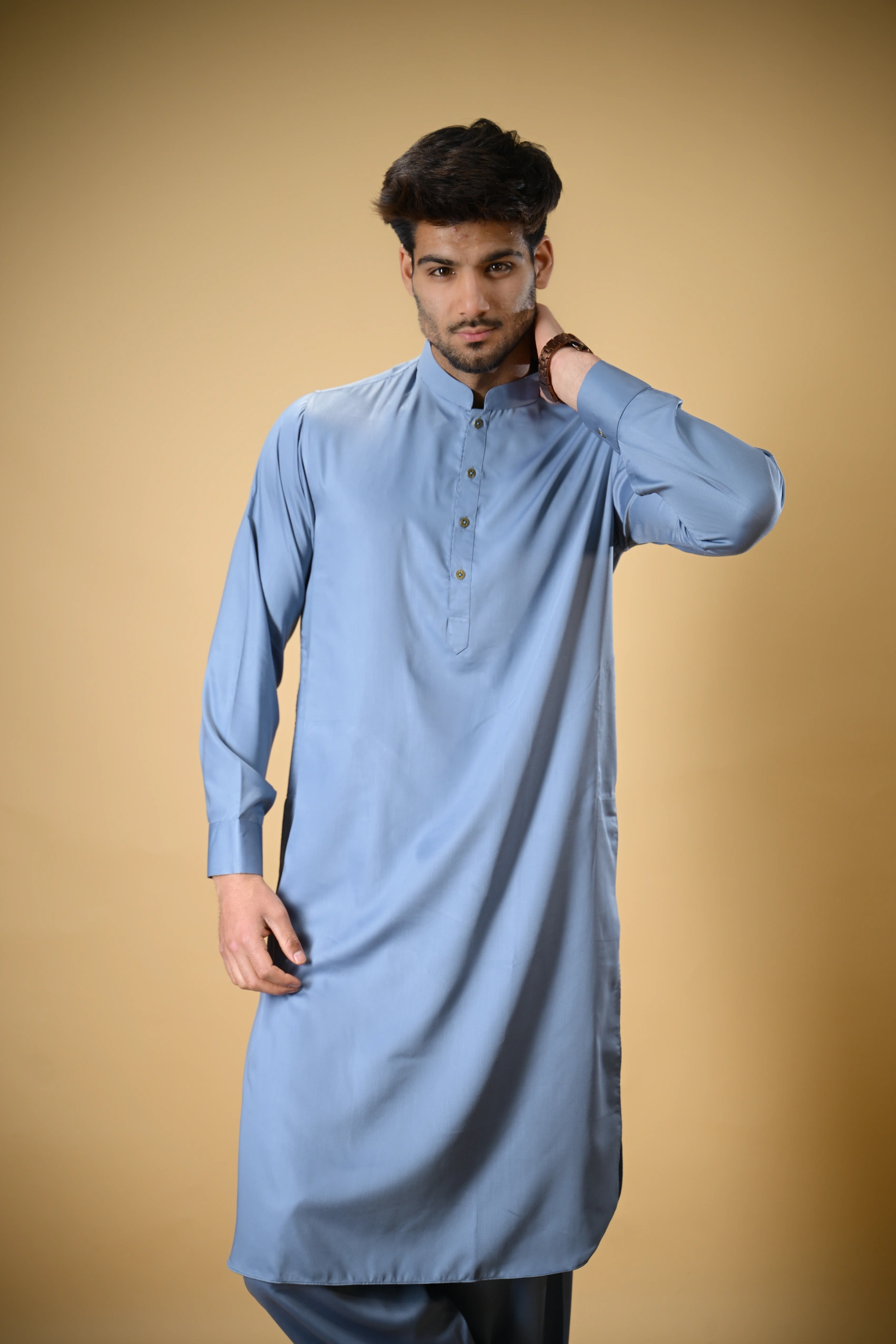 Slate Blue Luma Mandarin Collar Kameez Shalwar - Image 8