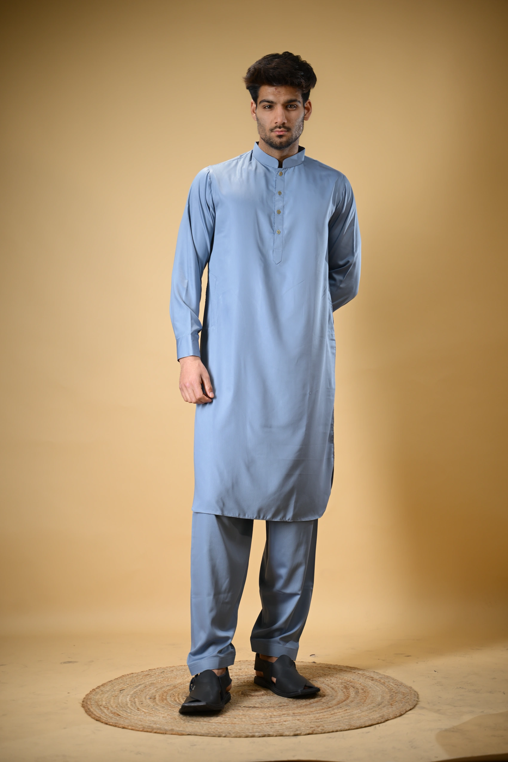 Slate Blue Luma Mandarin Collar Kameez Shalwar - Image 5