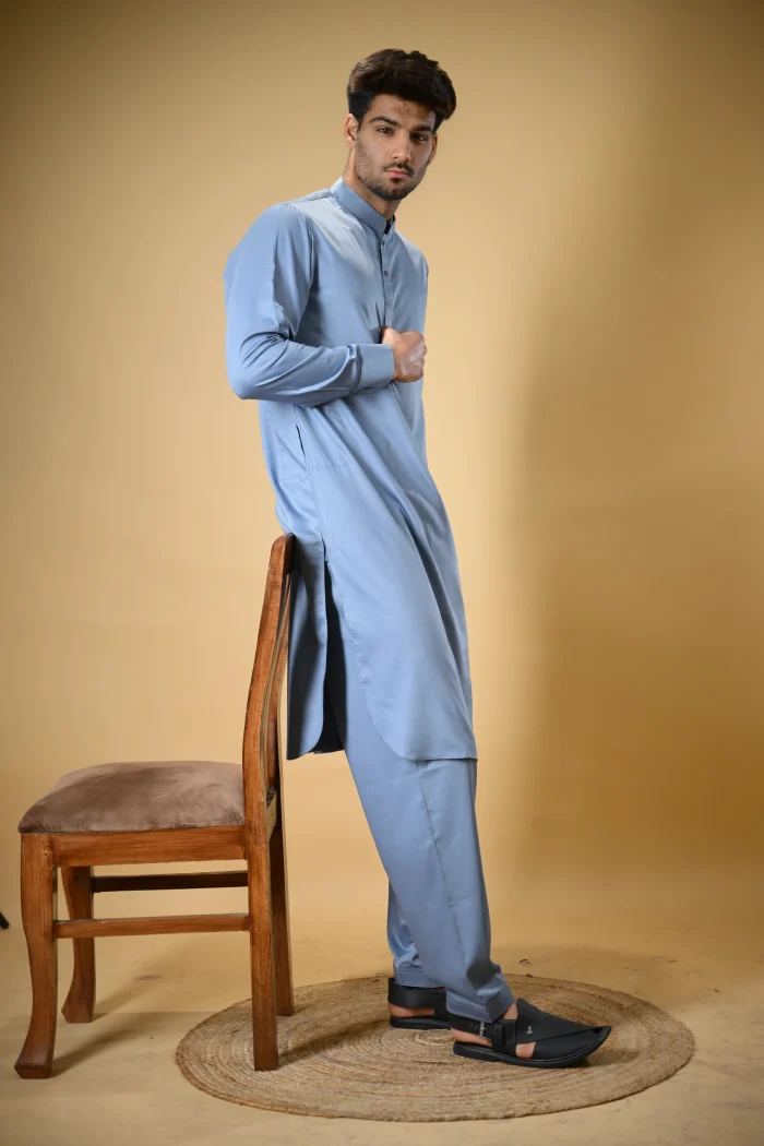 Slate Blue Luma Mandarin Collar Kameez Shalwar