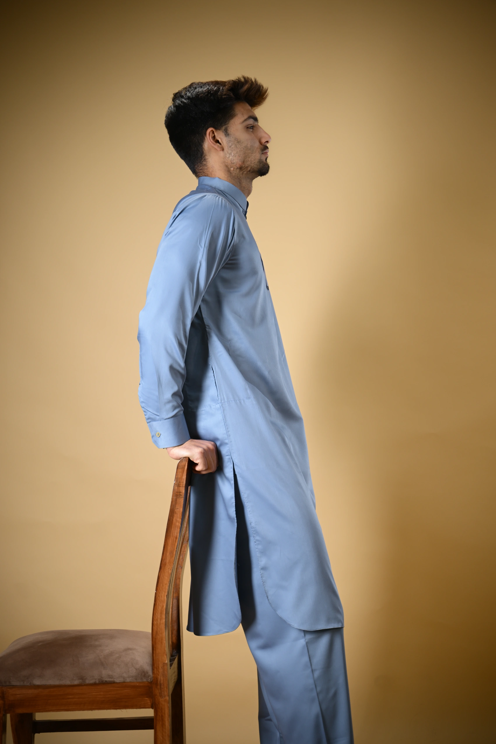 Slate Blue Luma Mandarin Collar Kameez Shalwar - Image 7