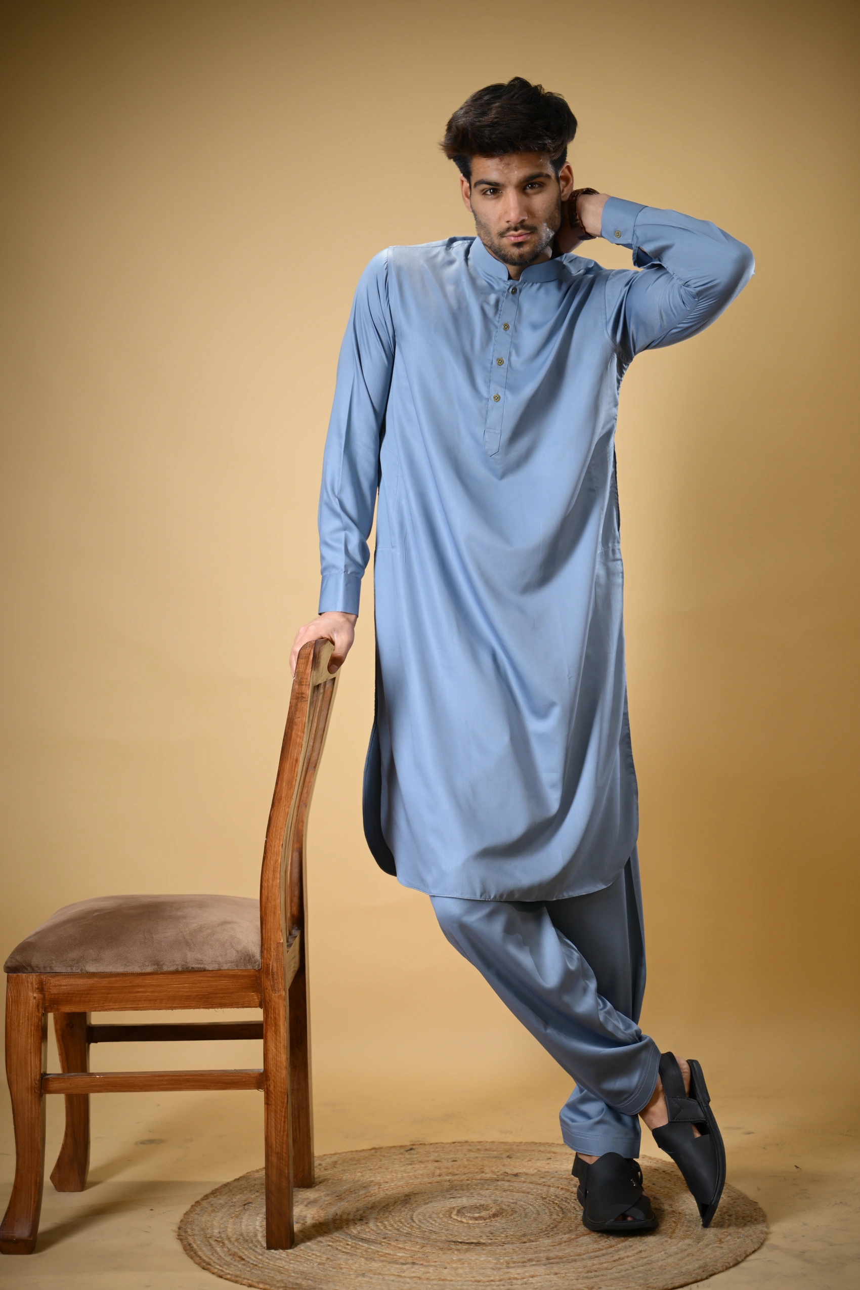 Slate Blue Luma Mandarin Collar Kameez Shalwar - Image 9