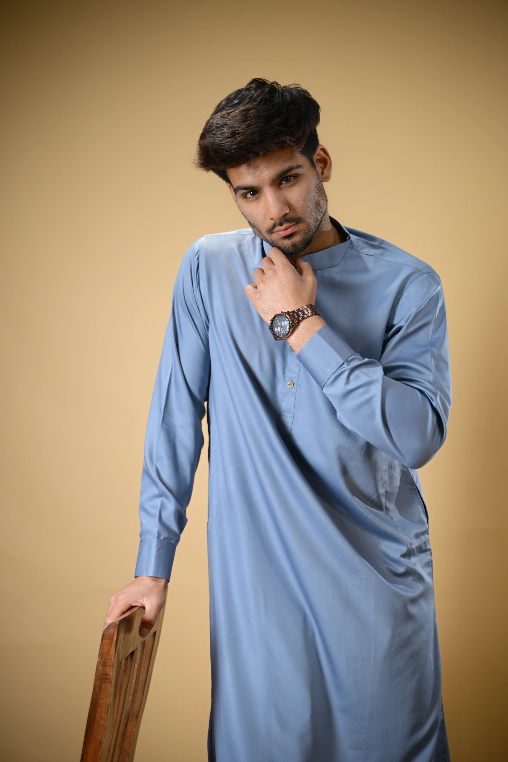 Slate Blue Luma Mandarin Collar Kameez Shalwar - Image 2