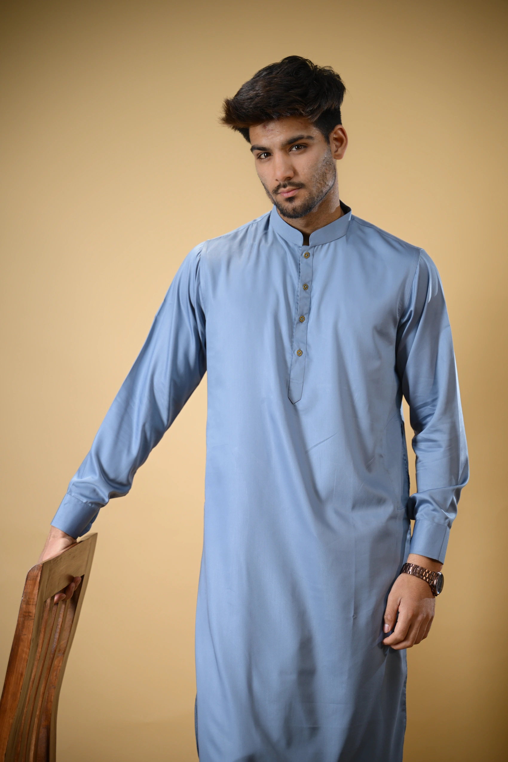 Slate Blue Luma Mandarin Collar Kameez Shalwar - Image 4