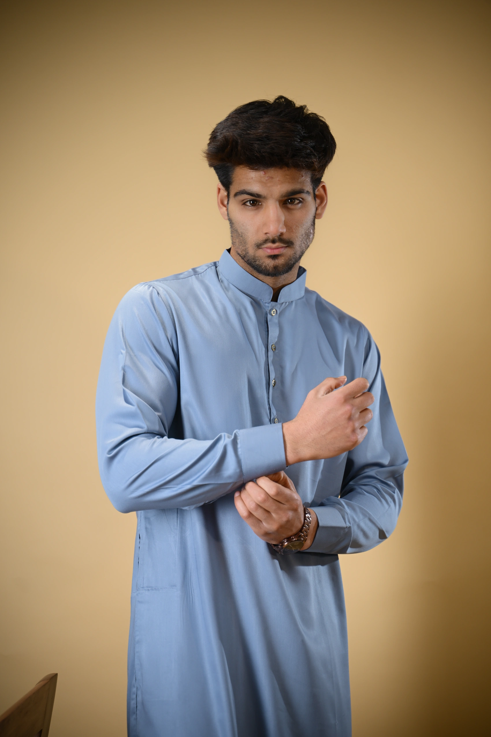 Slate Blue Luma Mandarin Collar Kameez Shalwar - Image 3